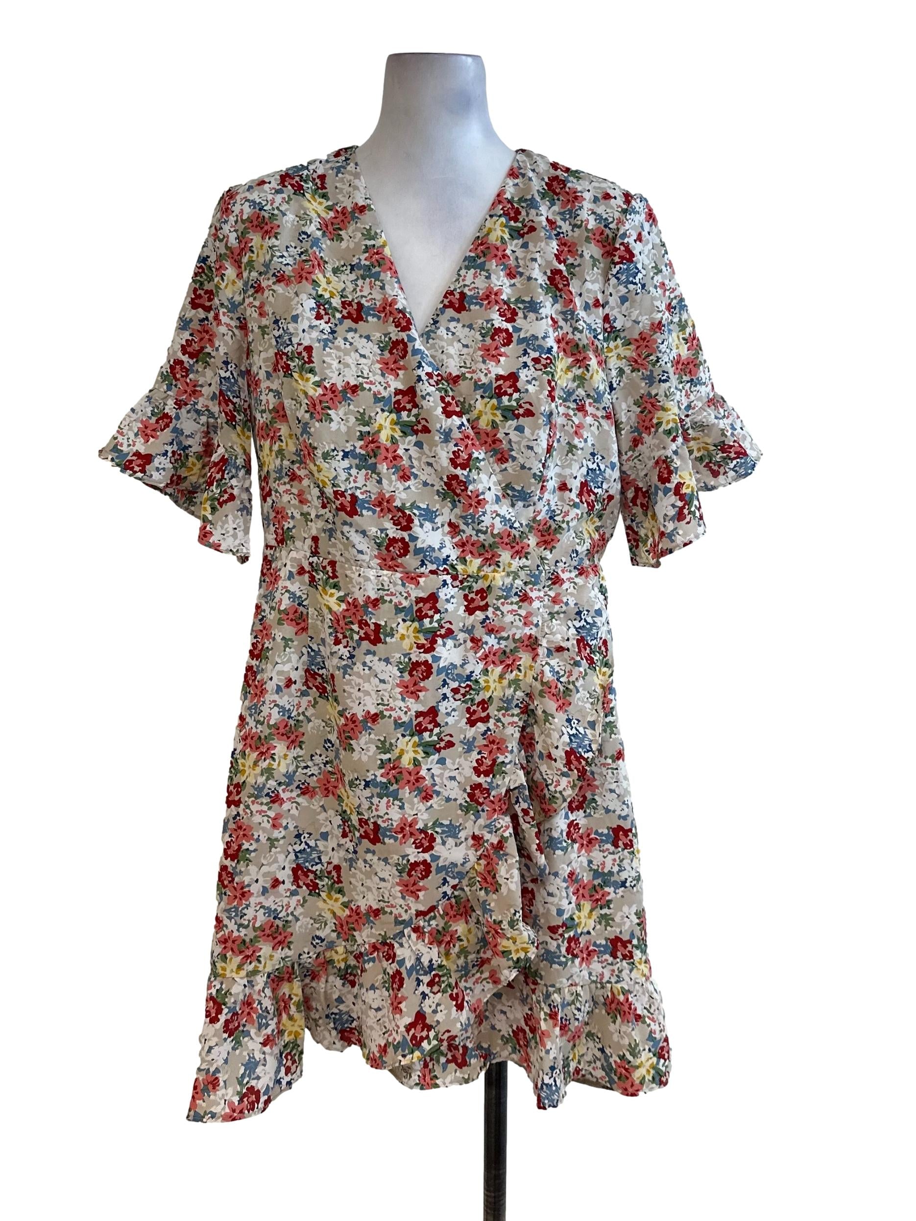 Tortilla Brown Floral V Neck Ruffle Dress