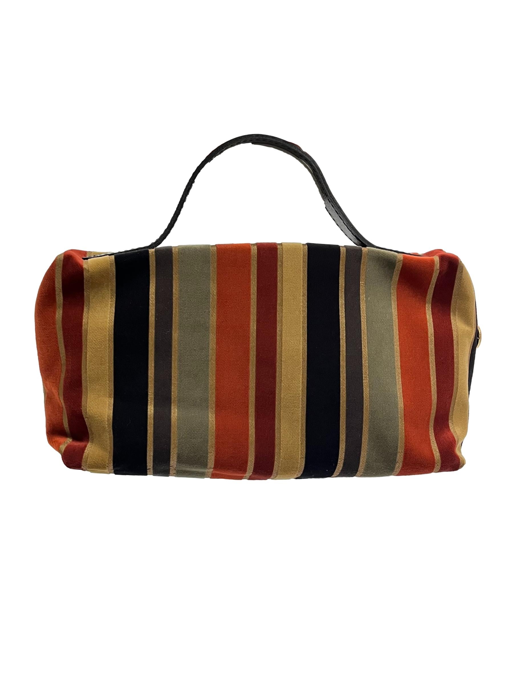 Brown Multicolour Striped Velvet Cosmetic Pouch