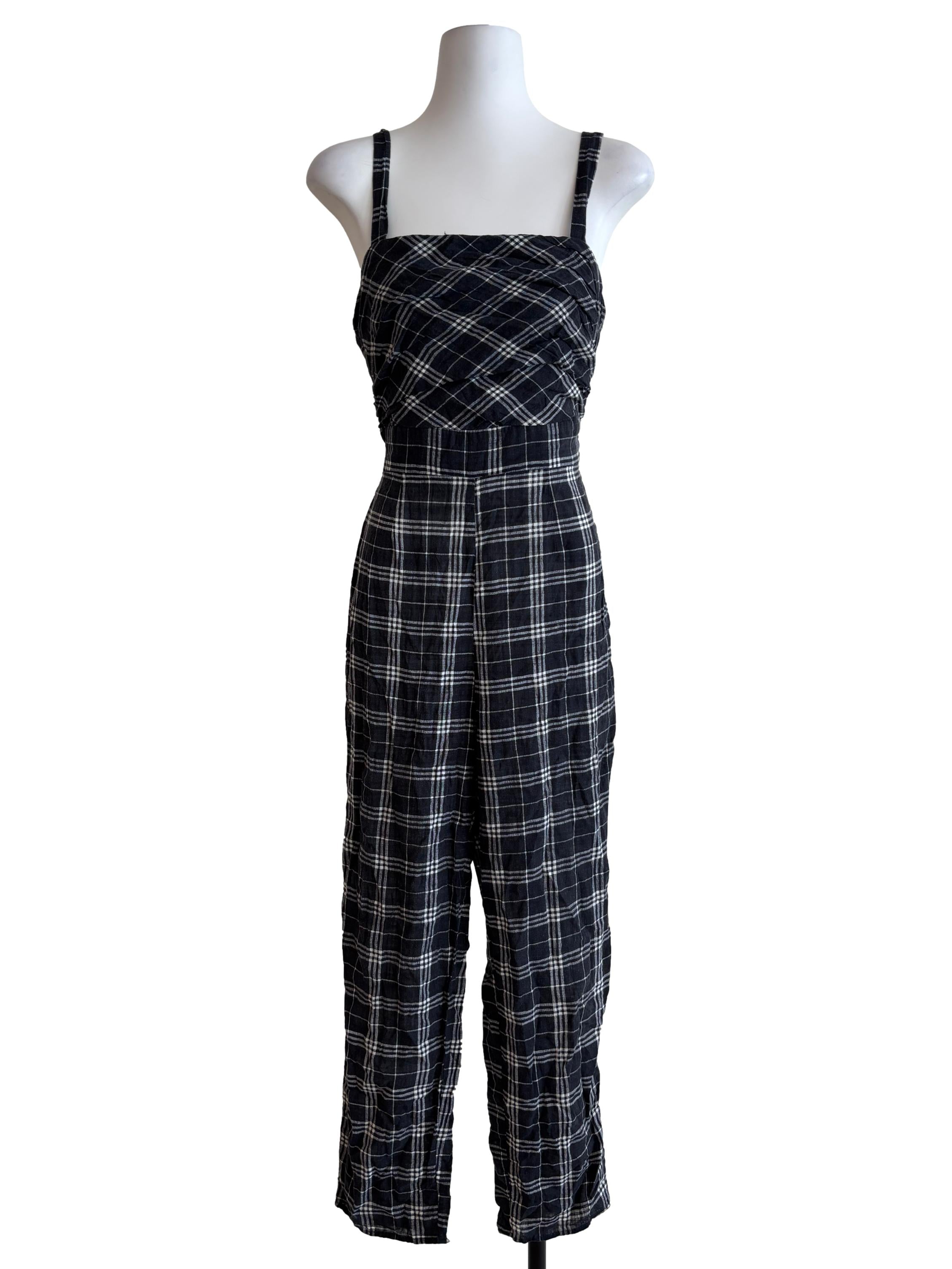 Jet Black Sleeveless Plaid Jumpsuit