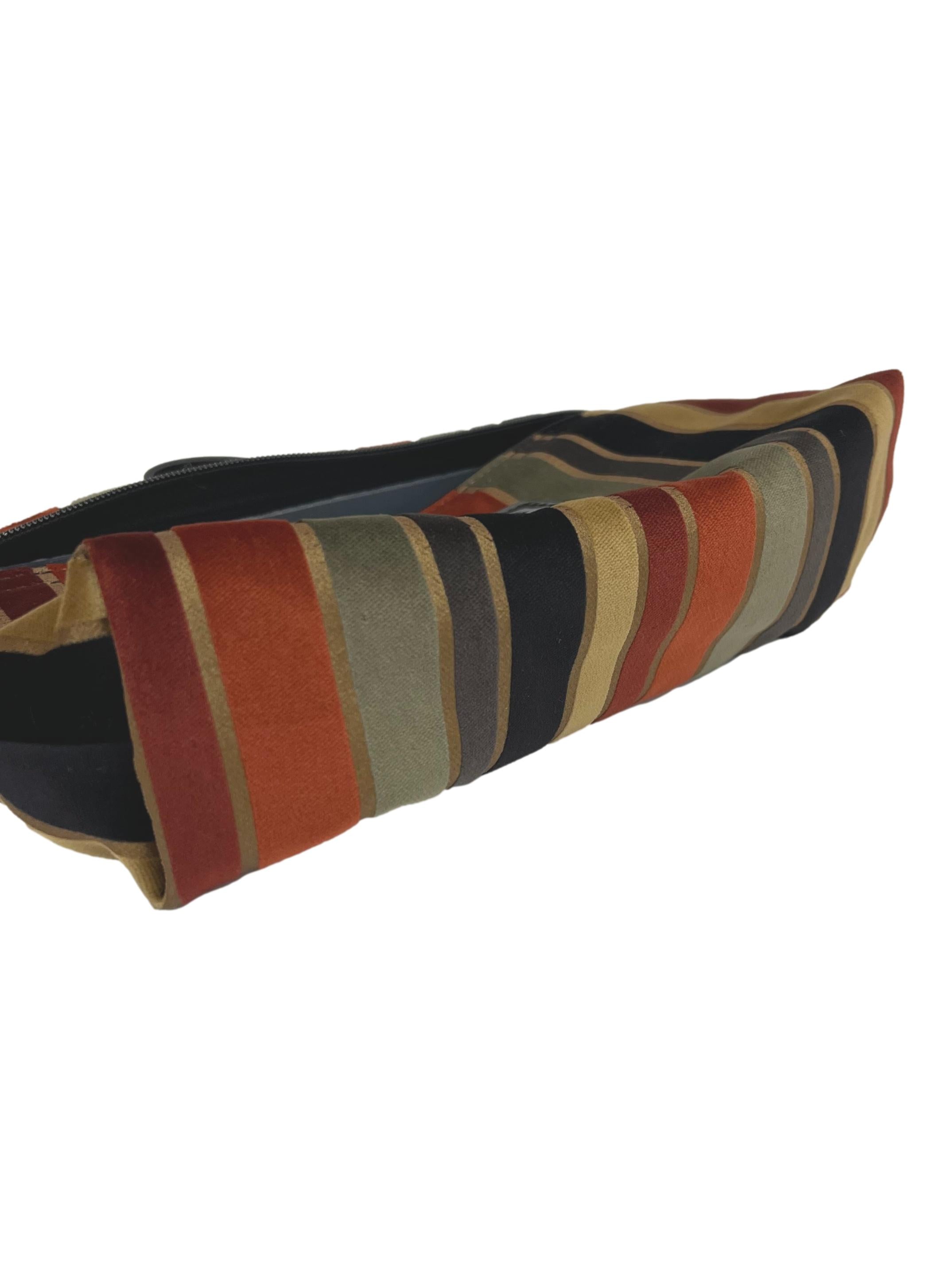 Brown Multicolour Striped Velvet Cosmetic Pouch