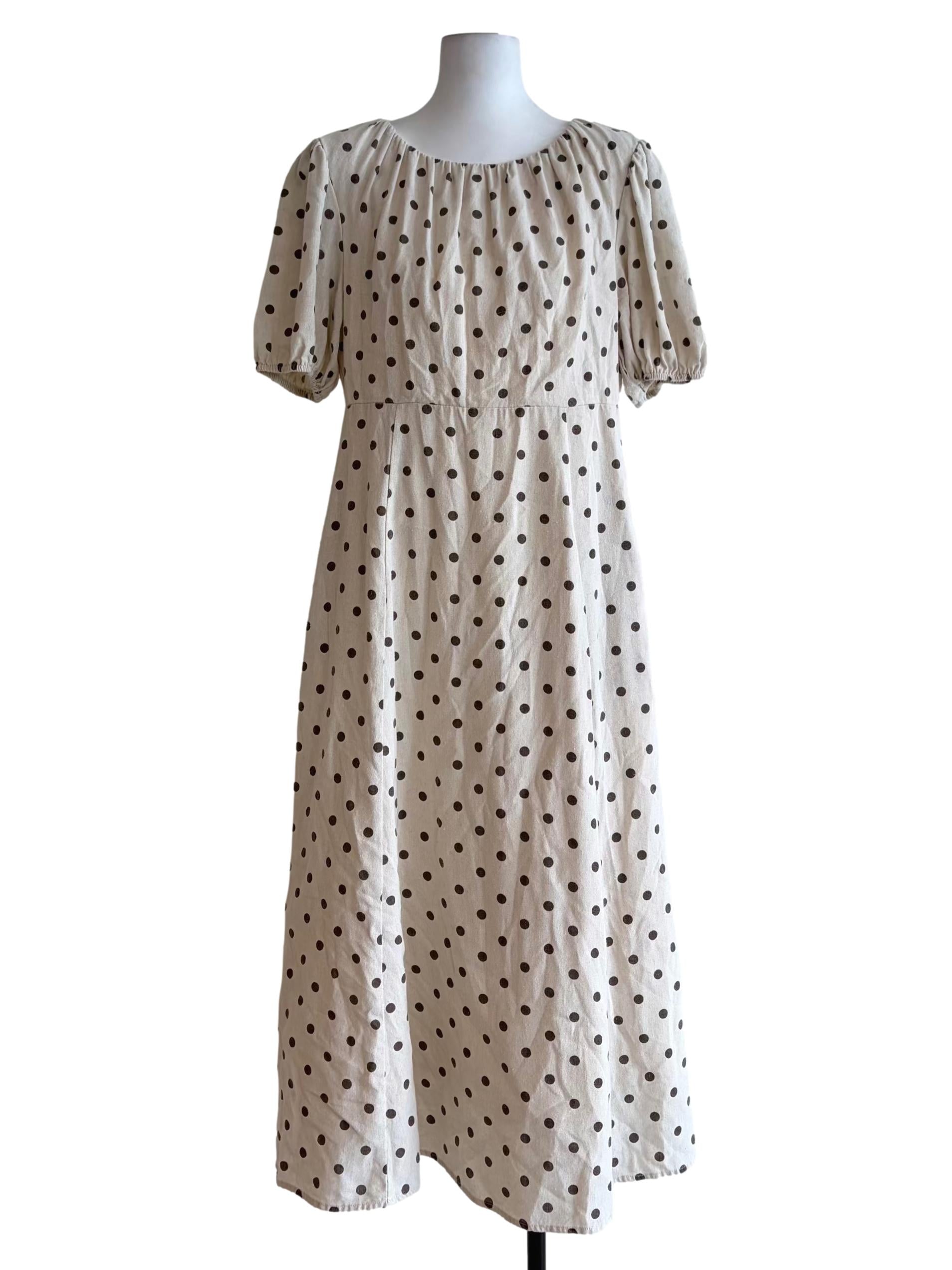 Ivory Beige Brown Dotted Puff Sleeve Sun Dress