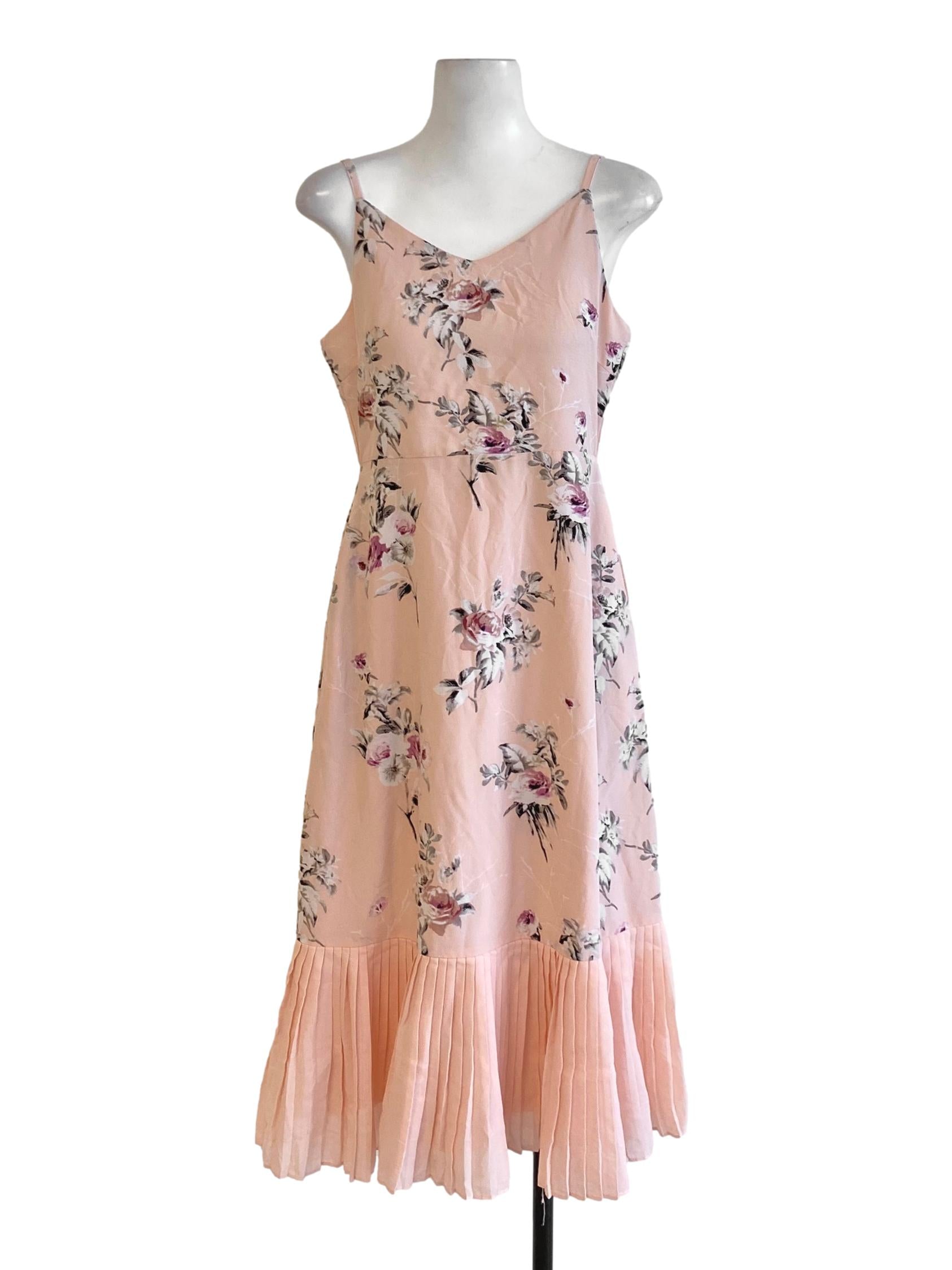 Peach Pink Floral V-Neck Pleated Drop Waist Dress TCL