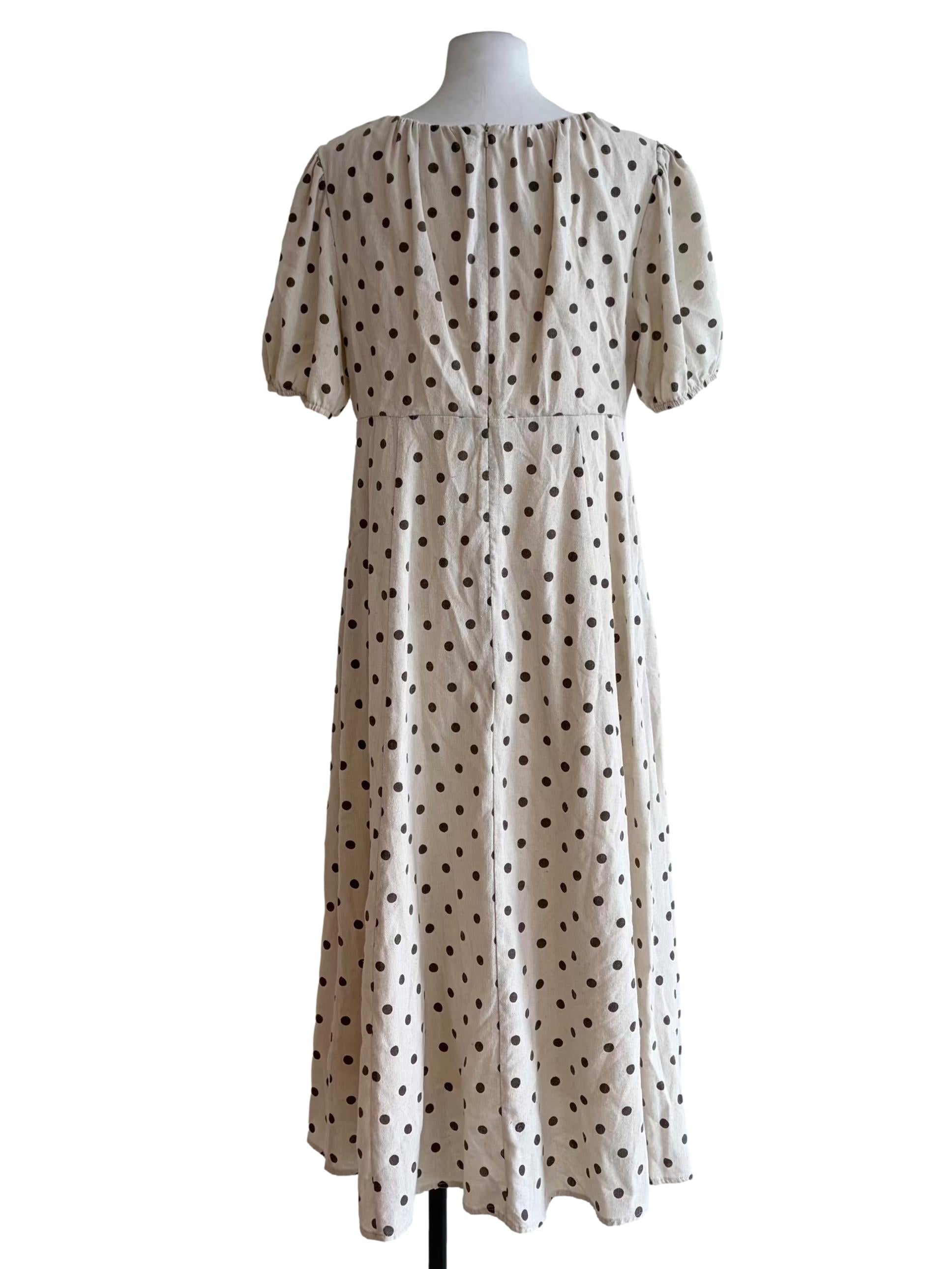 Ivory Beige Brown Dotted Puff Sleeve Sun Dress