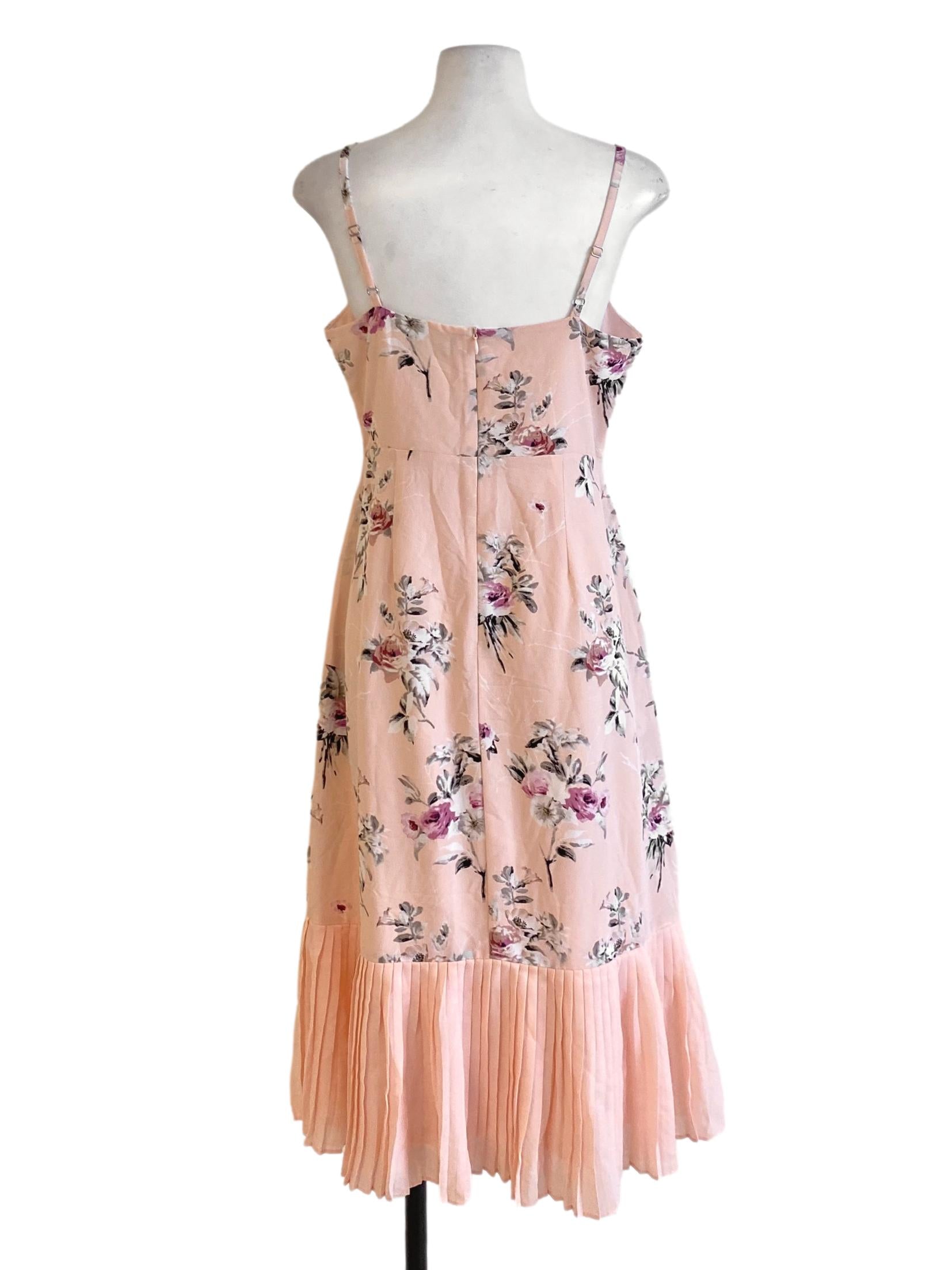 Peach Pink Floral V-Neck Pleated Drop Waist Dress TCL