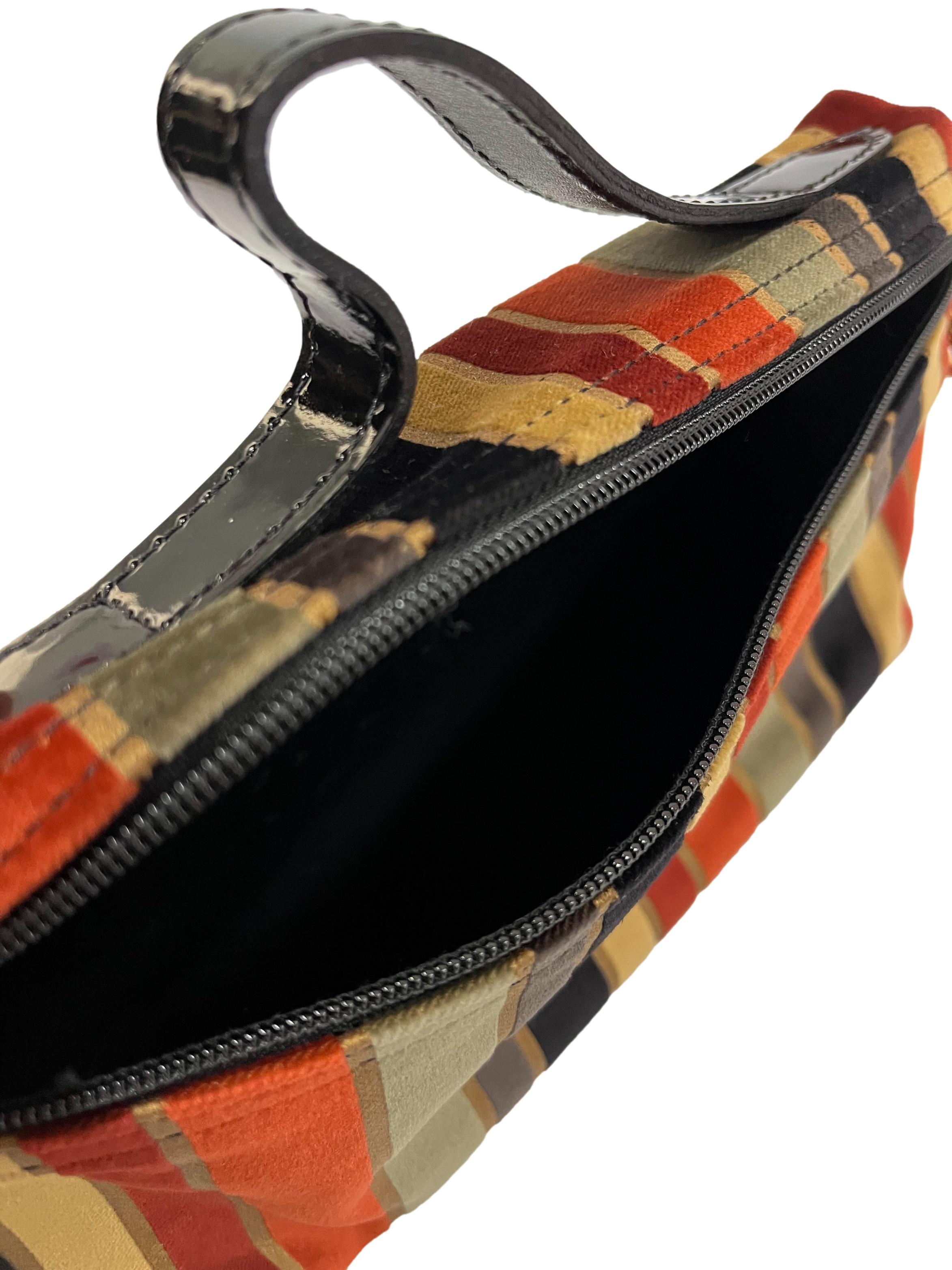 Brown Multicolour Striped Velvet Cosmetic Pouch