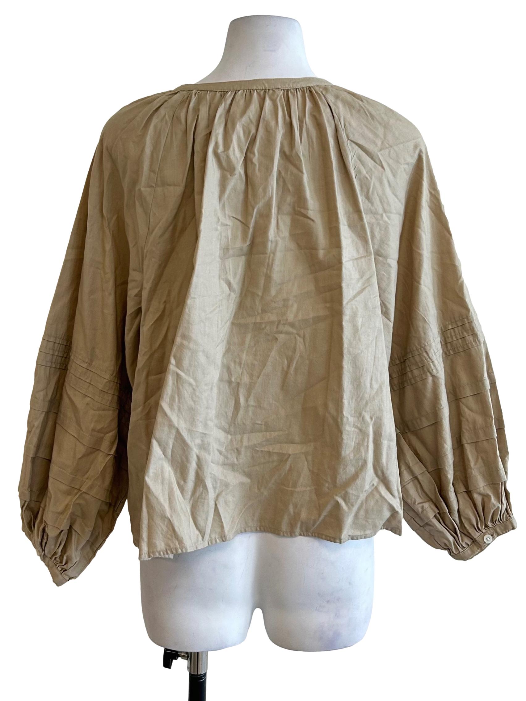 Khaki Gathered Balloon Sleeve Blouse