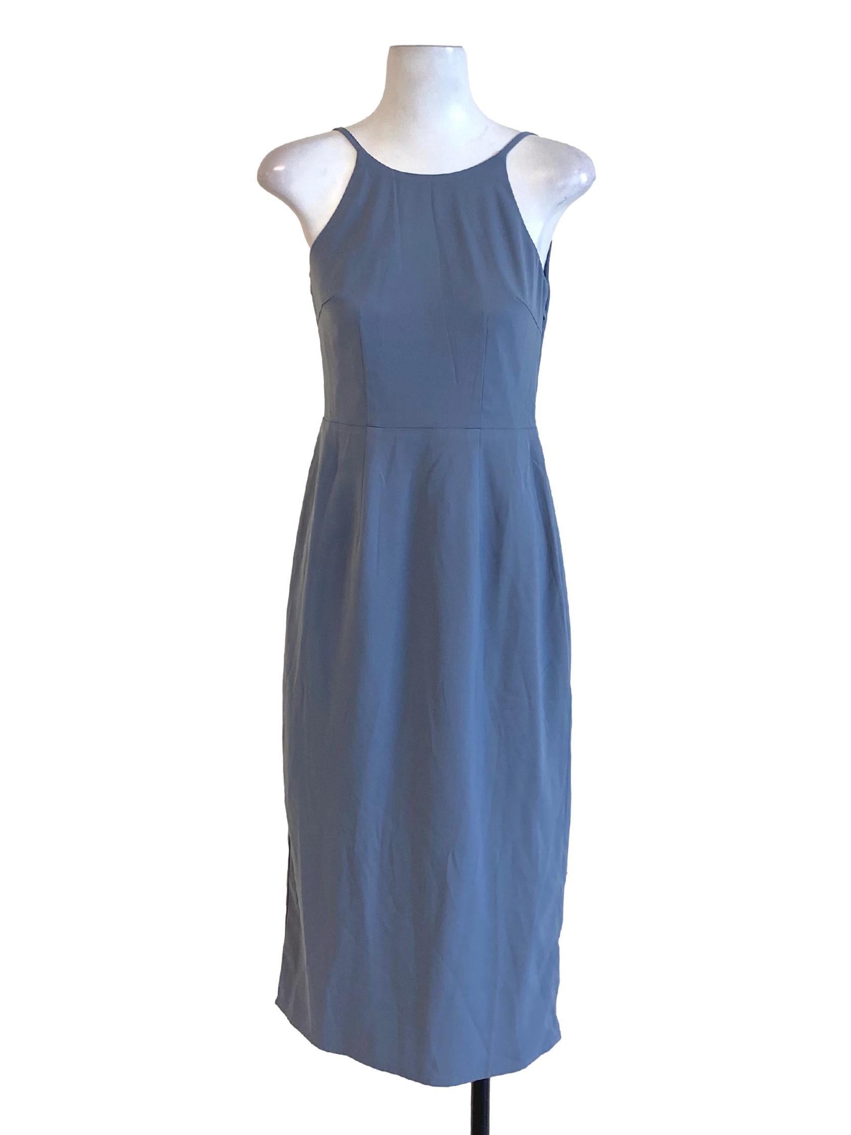 Dark Stone Blue Round Neck Back Drape Sleeveless Sheath Dress LB