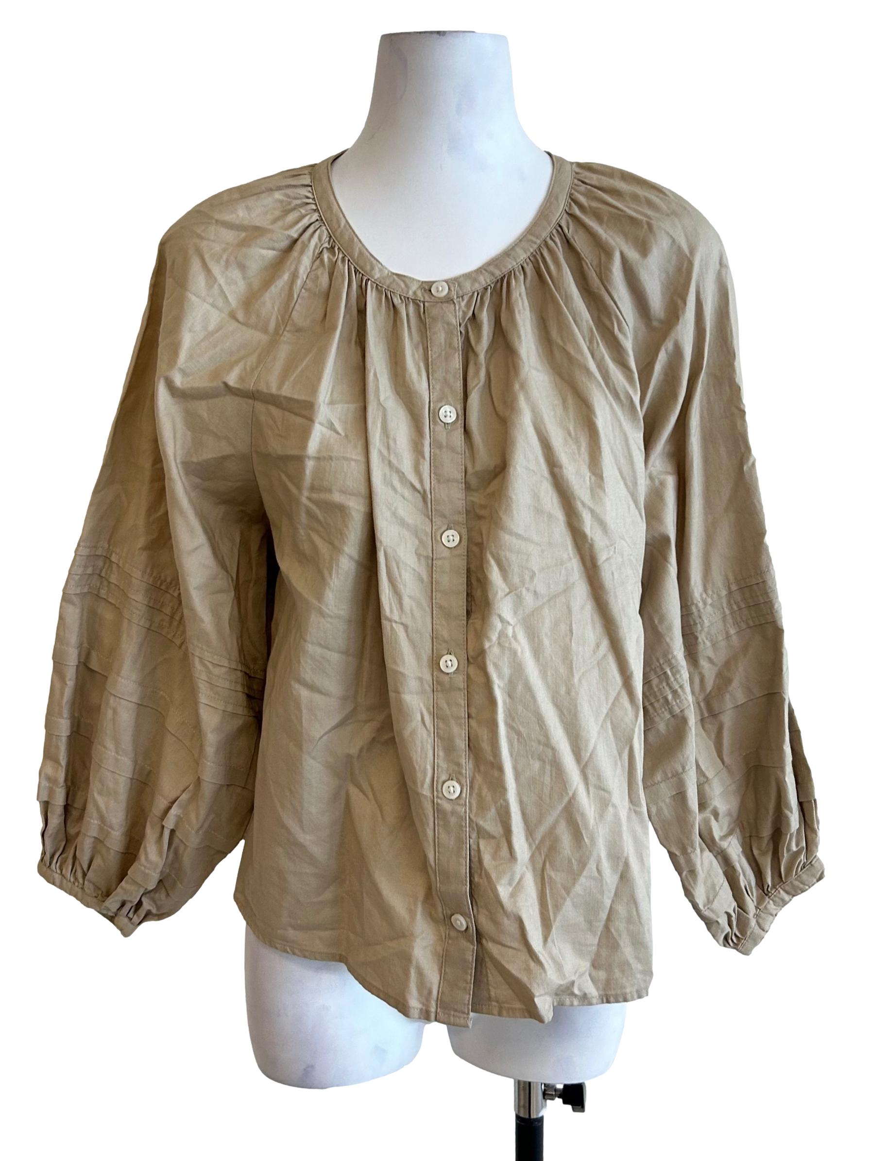 Khaki Gathered Balloon Sleeve Blouse
