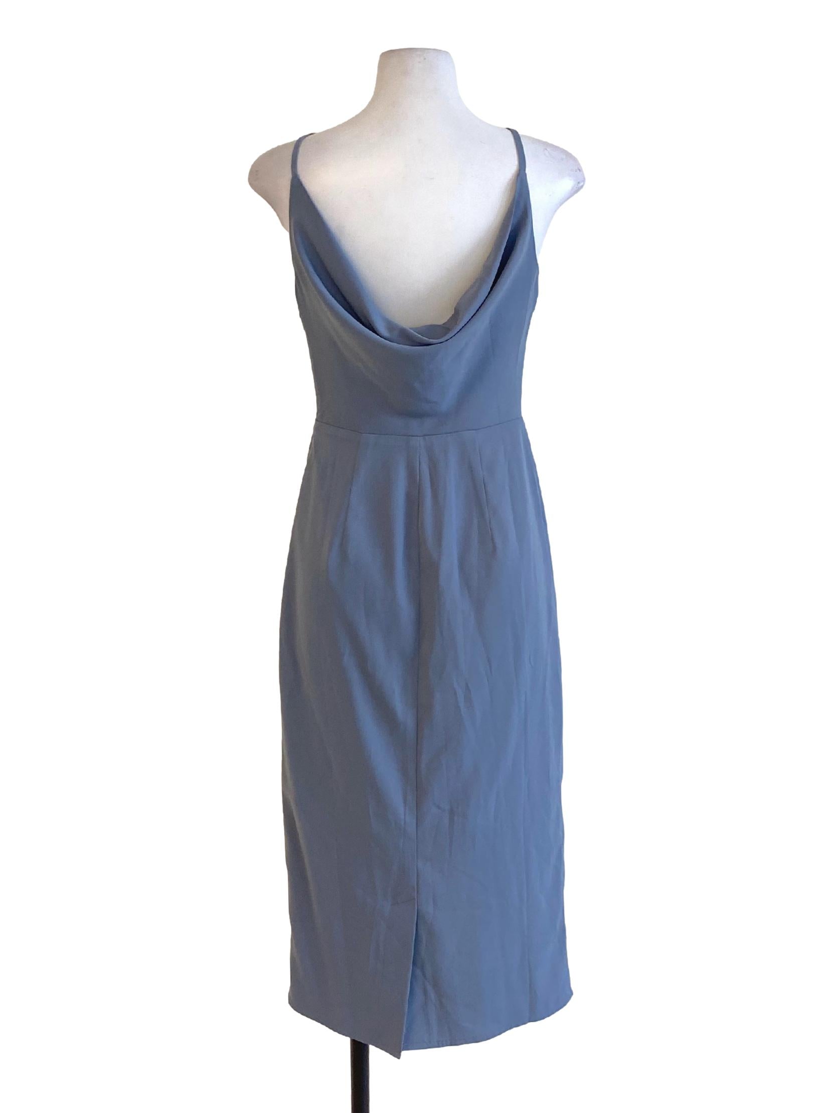Dark Stone Blue Round Neck Back Drape Sleeveless Sheath Dress LB