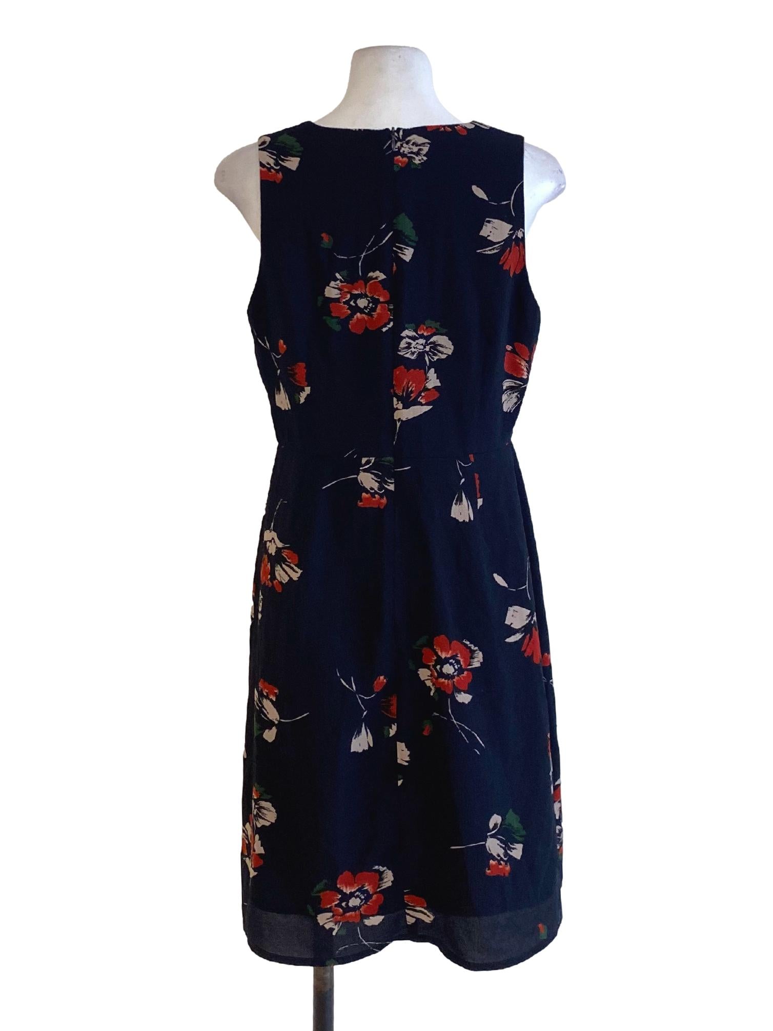 Navy Blue Floral V-Neck Sleeveless A-Line Dress TCL