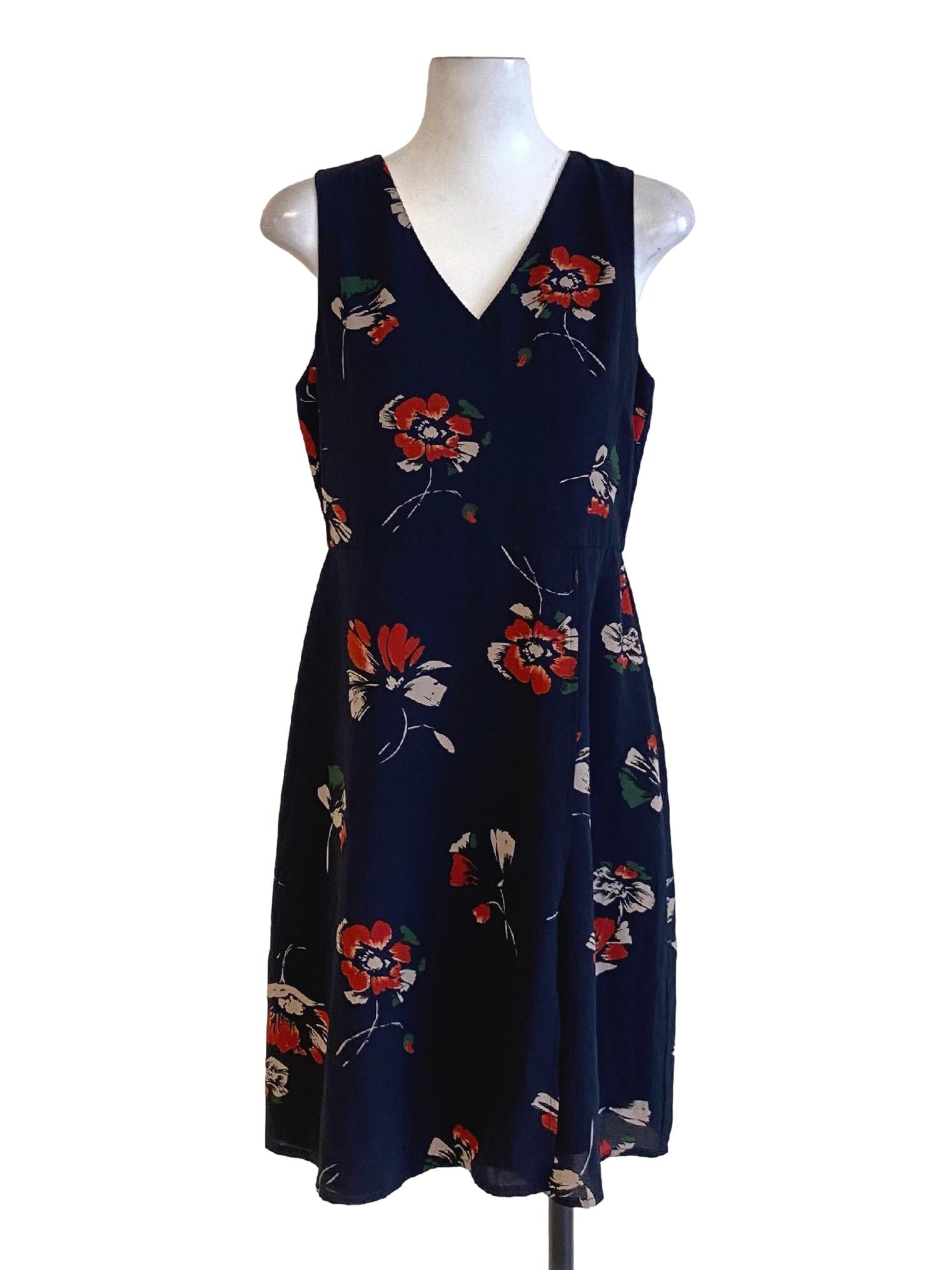Navy Blue Floral V-Neck Sleeveless A-Line Dress TCL