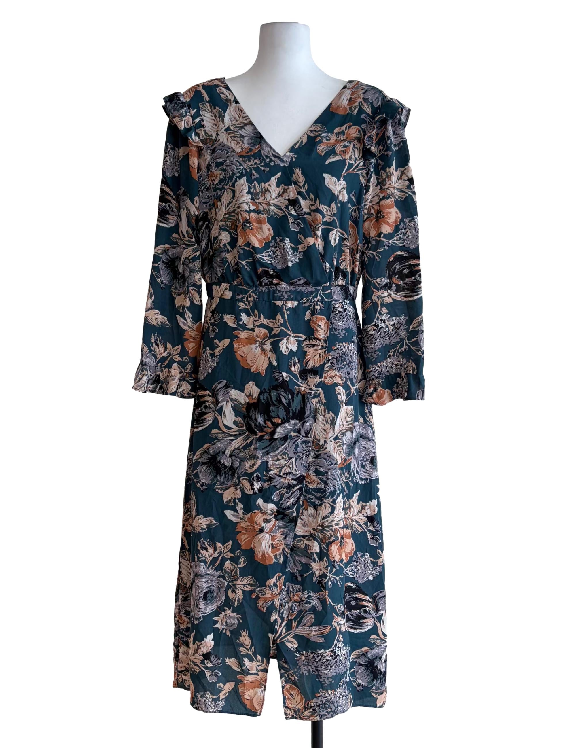 Teal Blue Floral Print Long Flutter Sleeve Dress