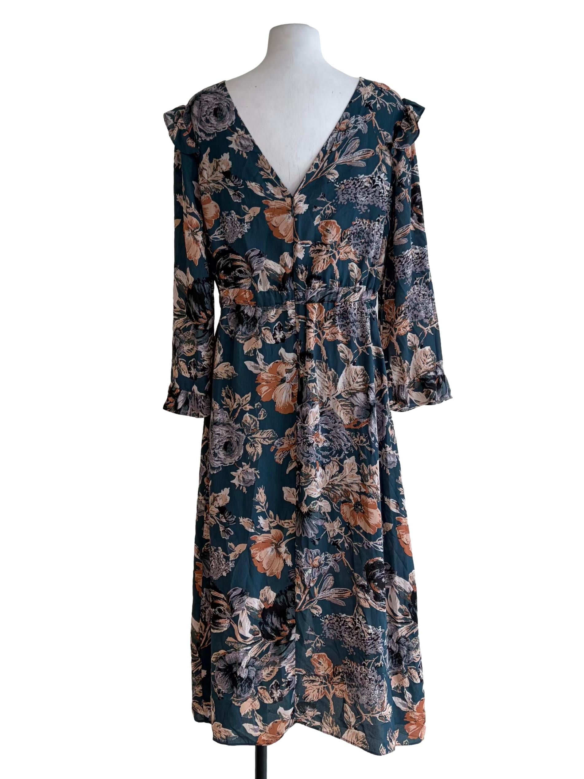 Teal Blue Floral Print Long Flutter Sleeve Dress