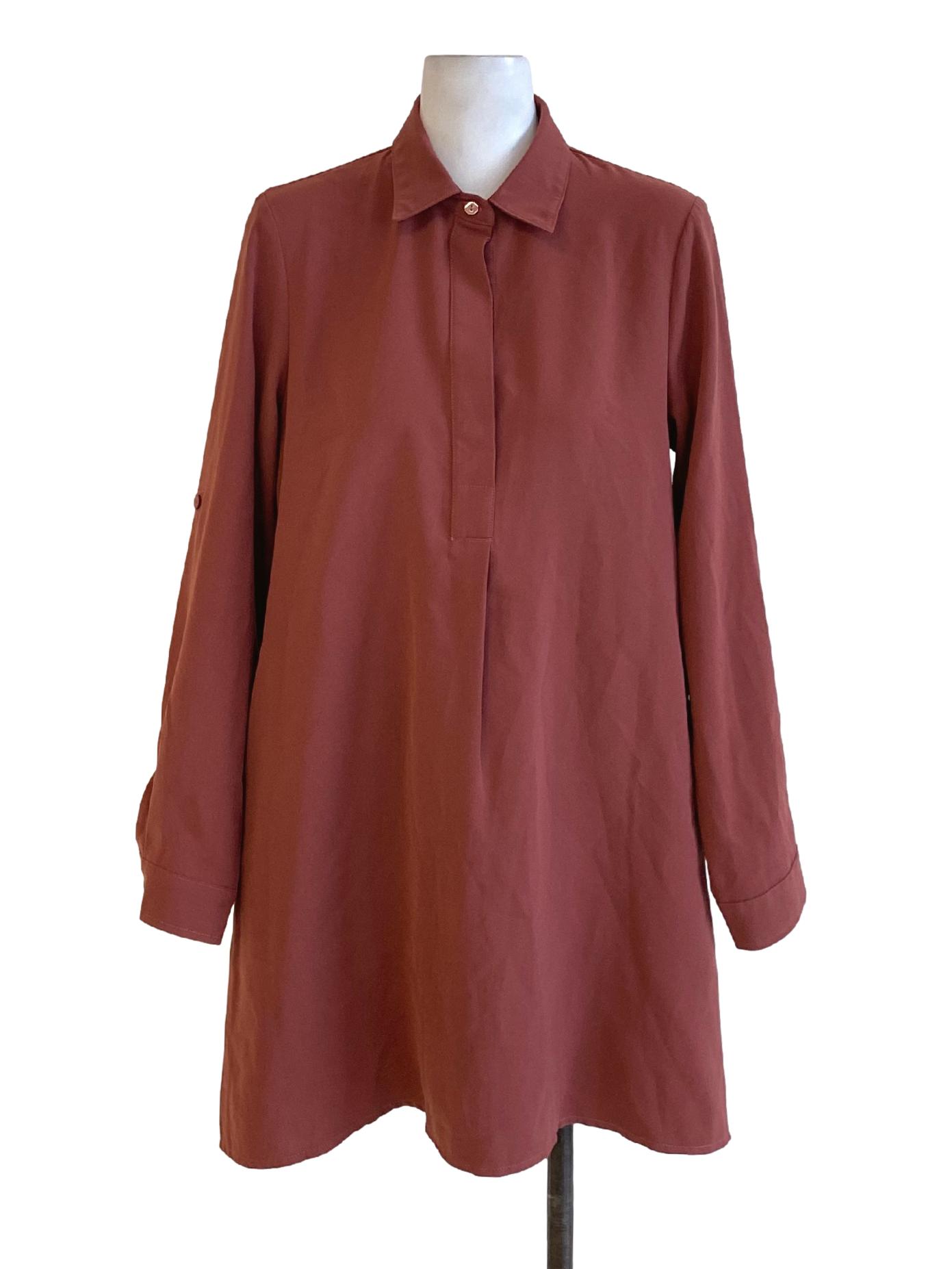 Rosewood Pink Collared Buttoned Down Long Sleeve Shirt Dress