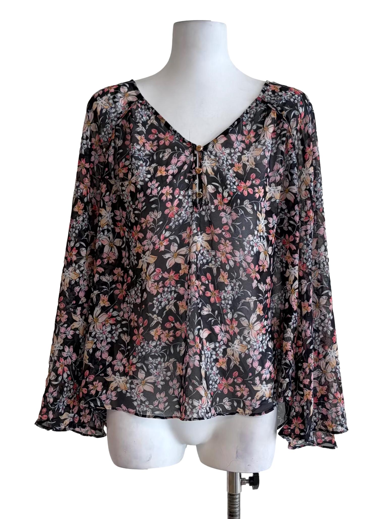 Jet Black Button Down Floral Print Top