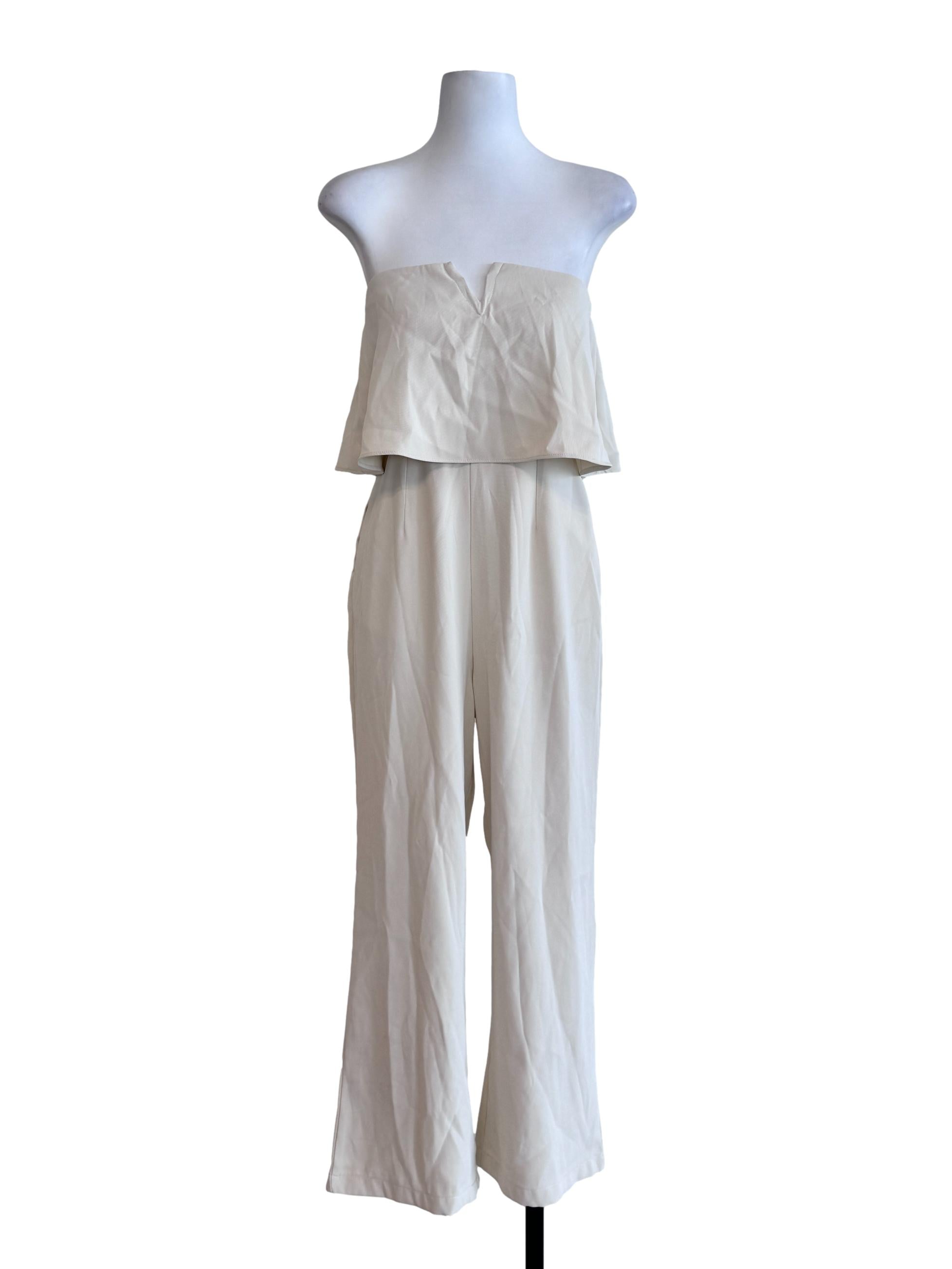 Cream Plain Strapless Jumpsuits