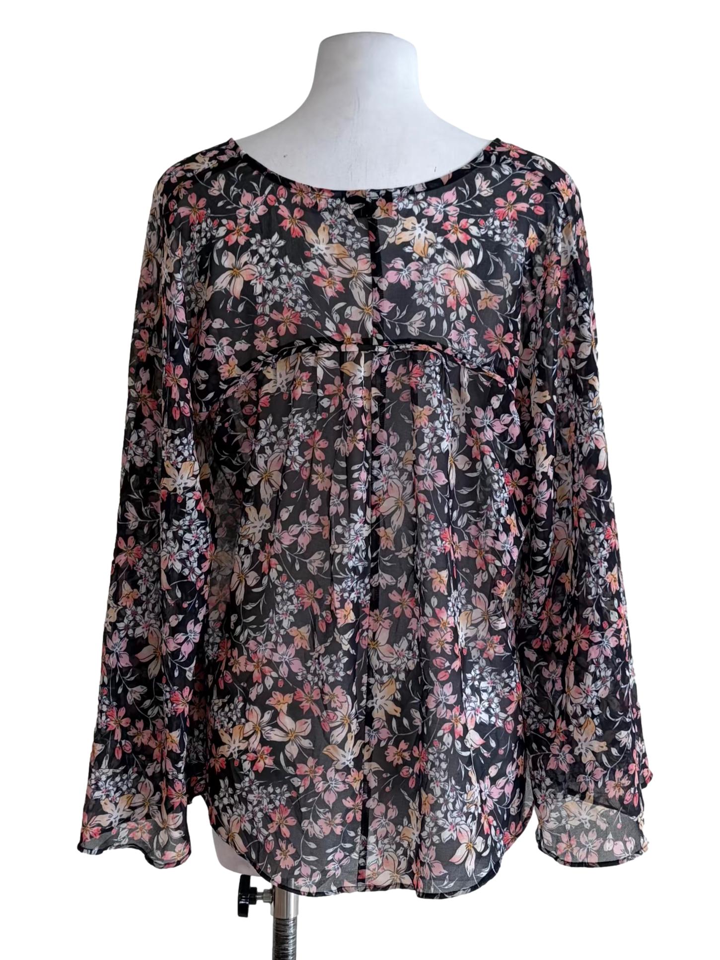Jet Black Button Down Floral Print Top