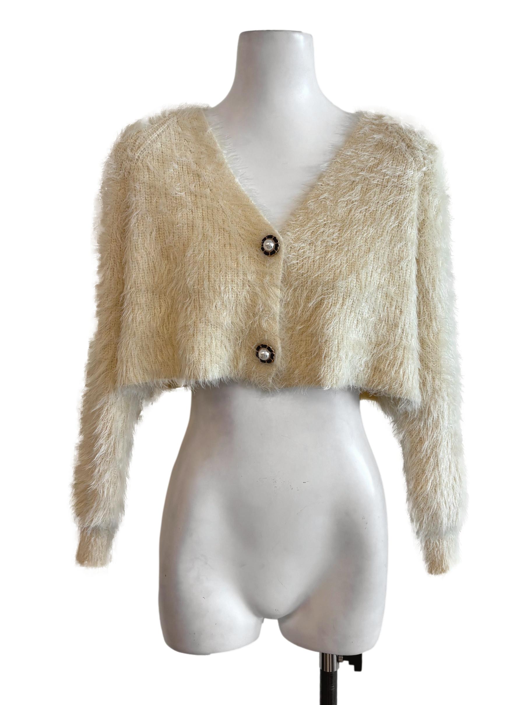 Cream Fuzzy Knitted Pearl Button Cardigan