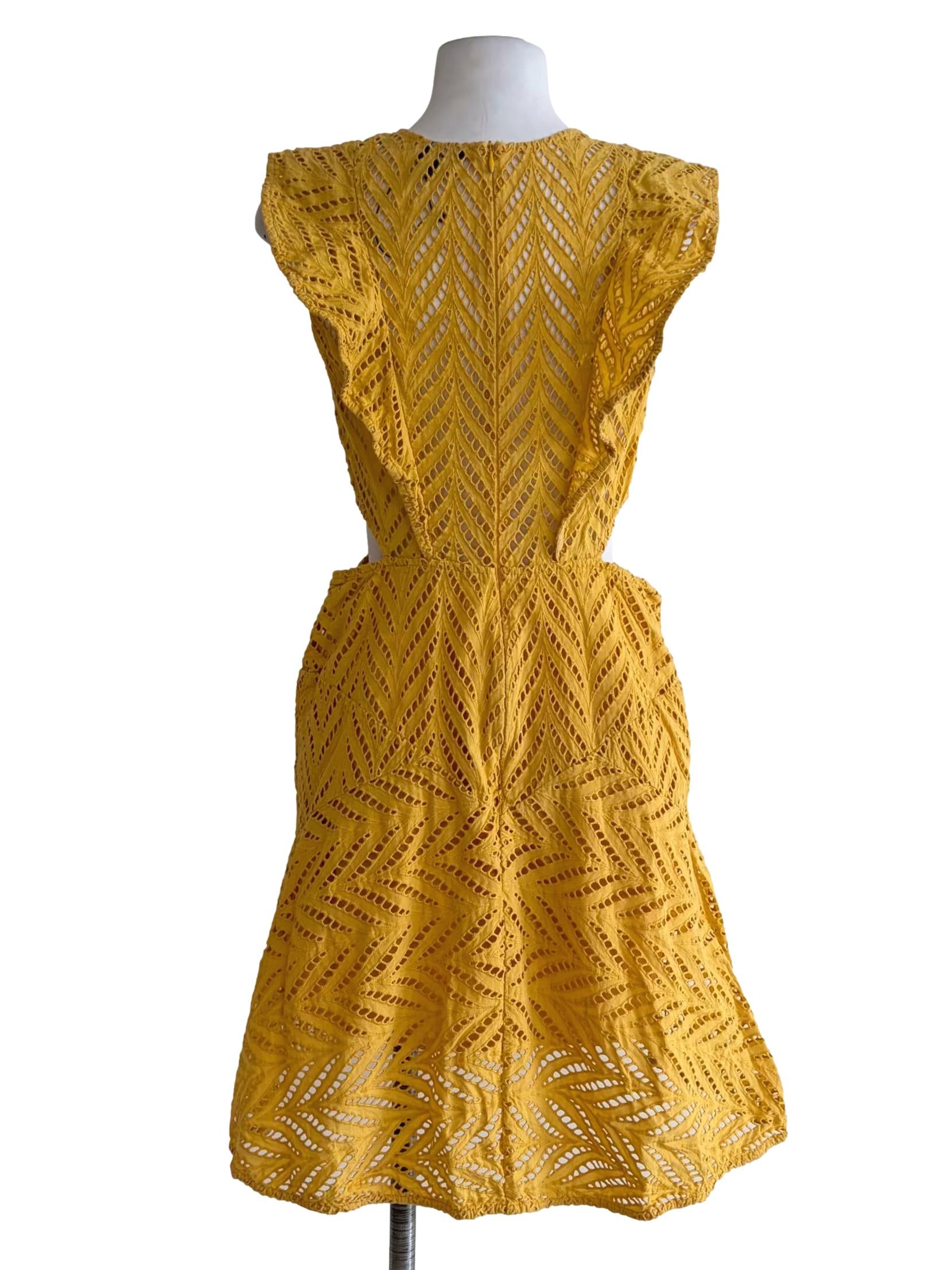 Corn Yellow Eyelet Flutter Front A-Line Dress