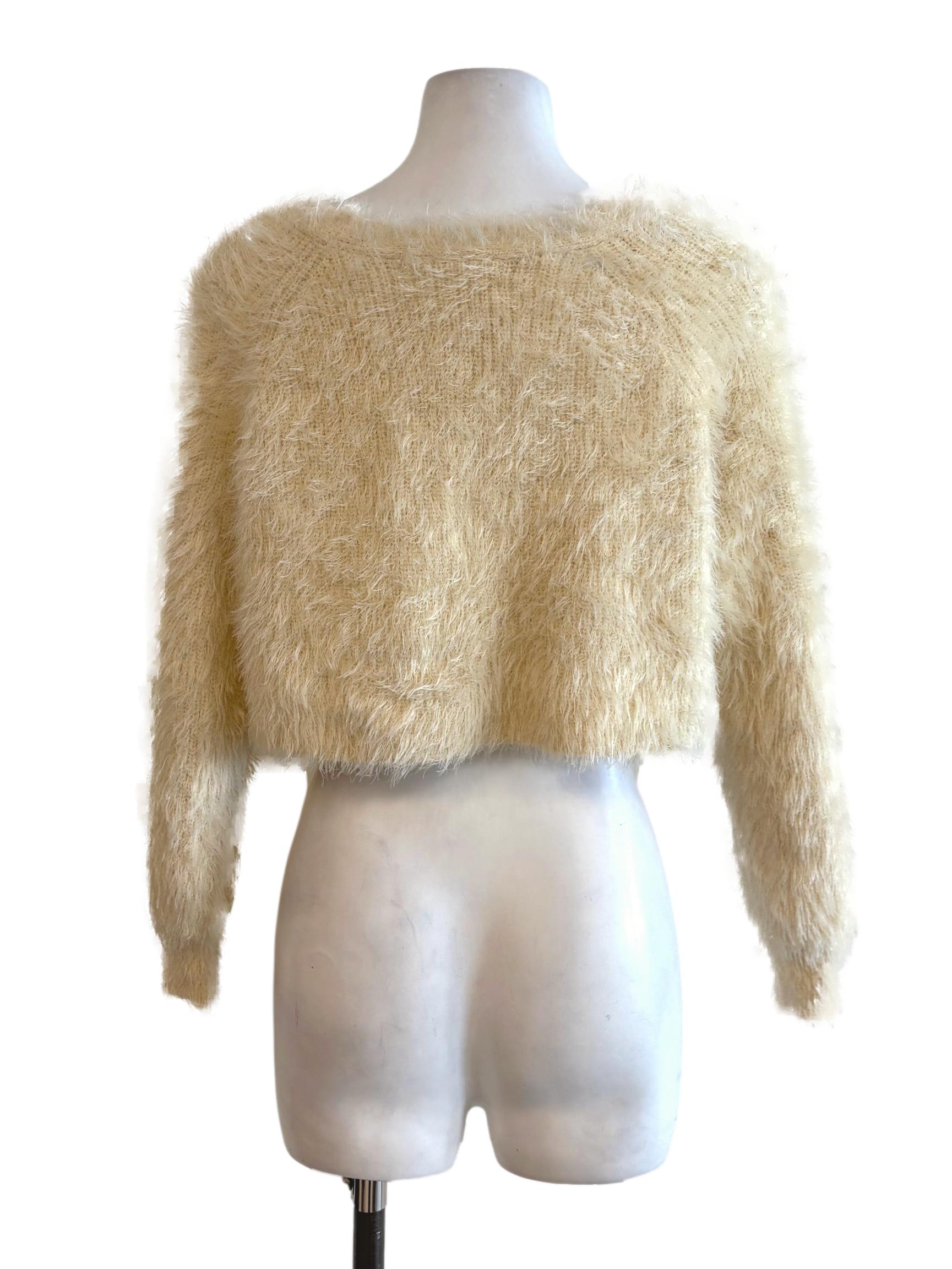 Cream Fuzzy Knitted Pearl Button Cardigan