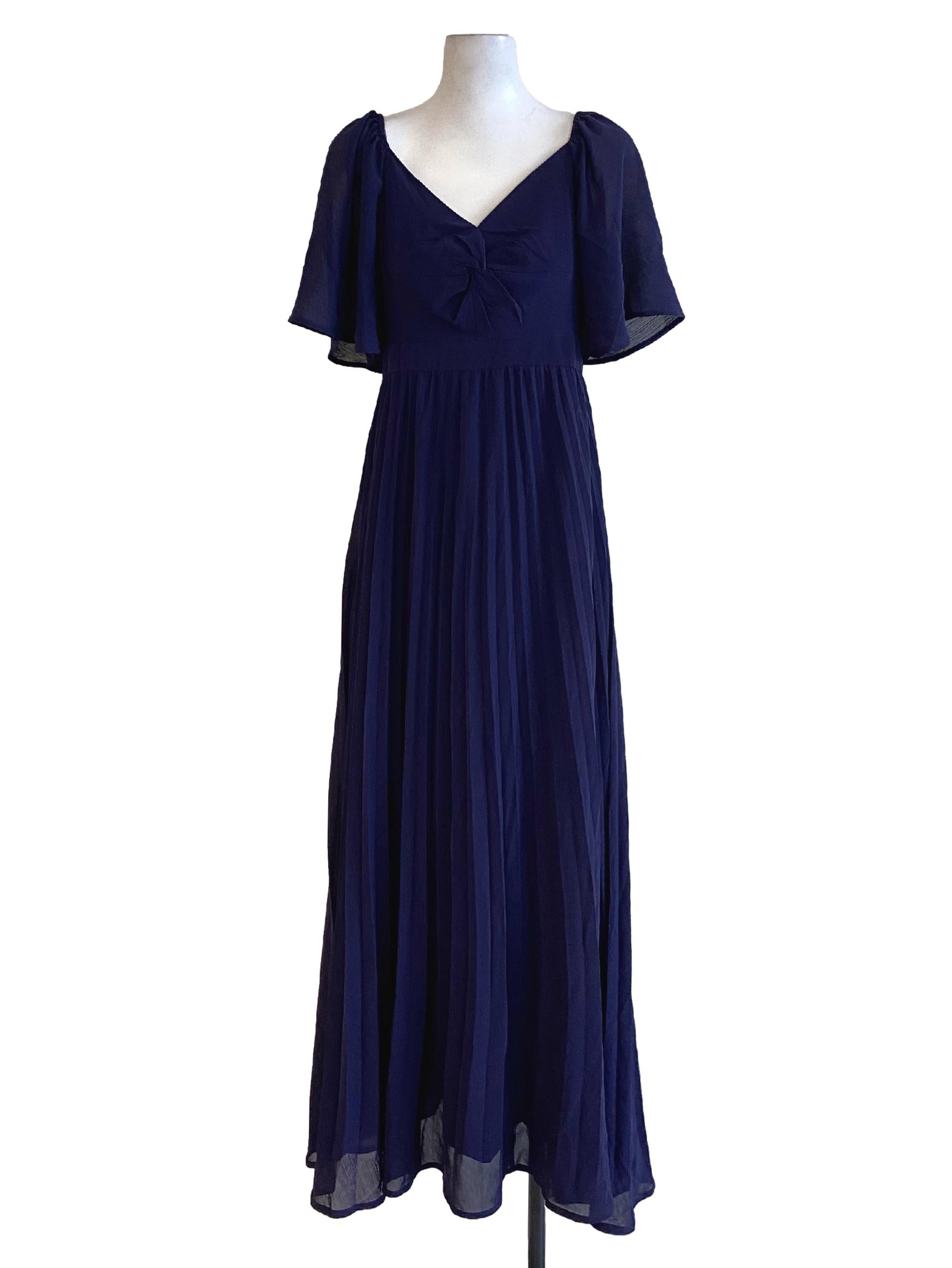 Navy Blue V-Neck Cape Sleeve Mesh Slip Dress