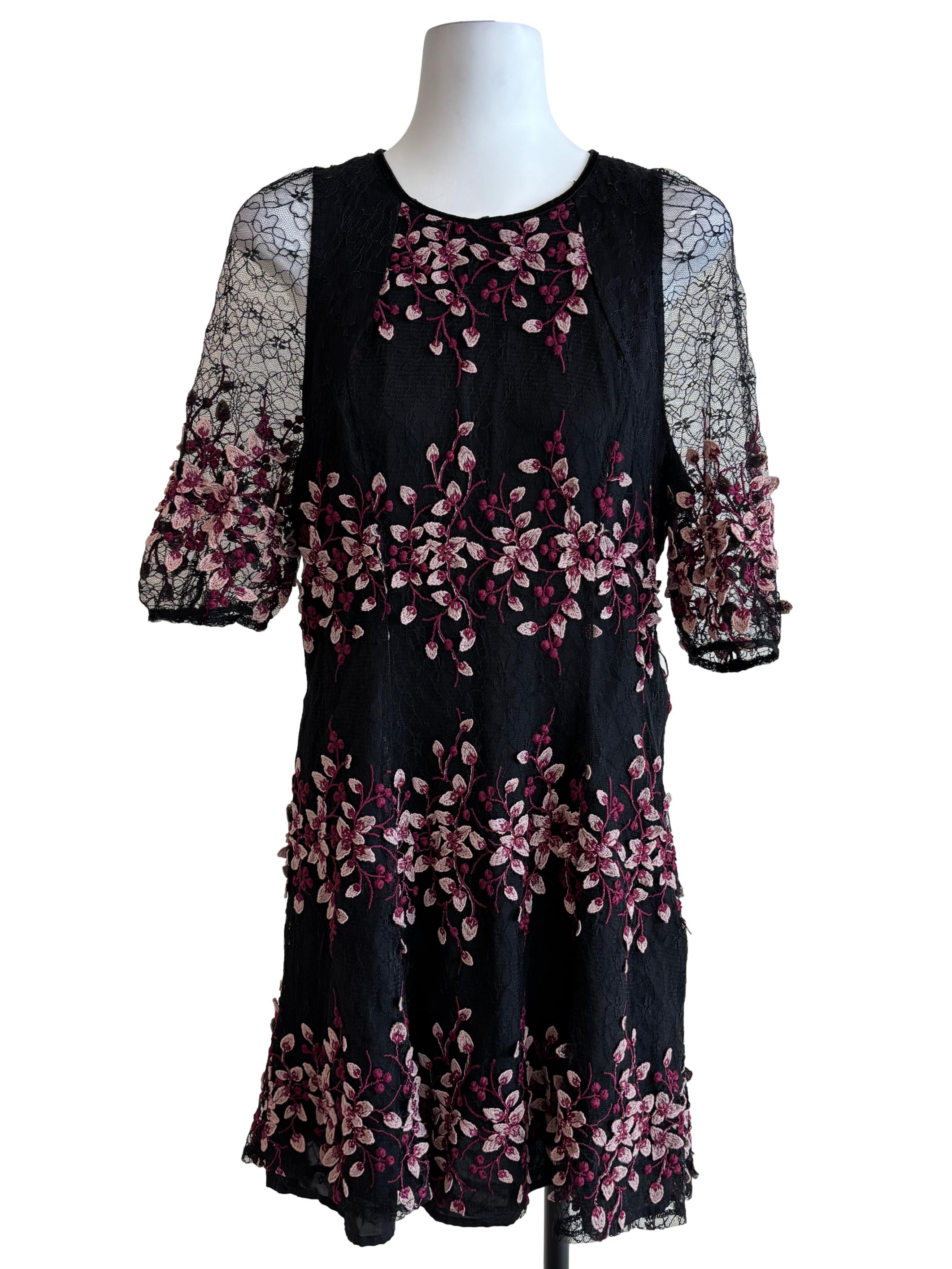 Onyx Black Pink Embroidered Lace Dress