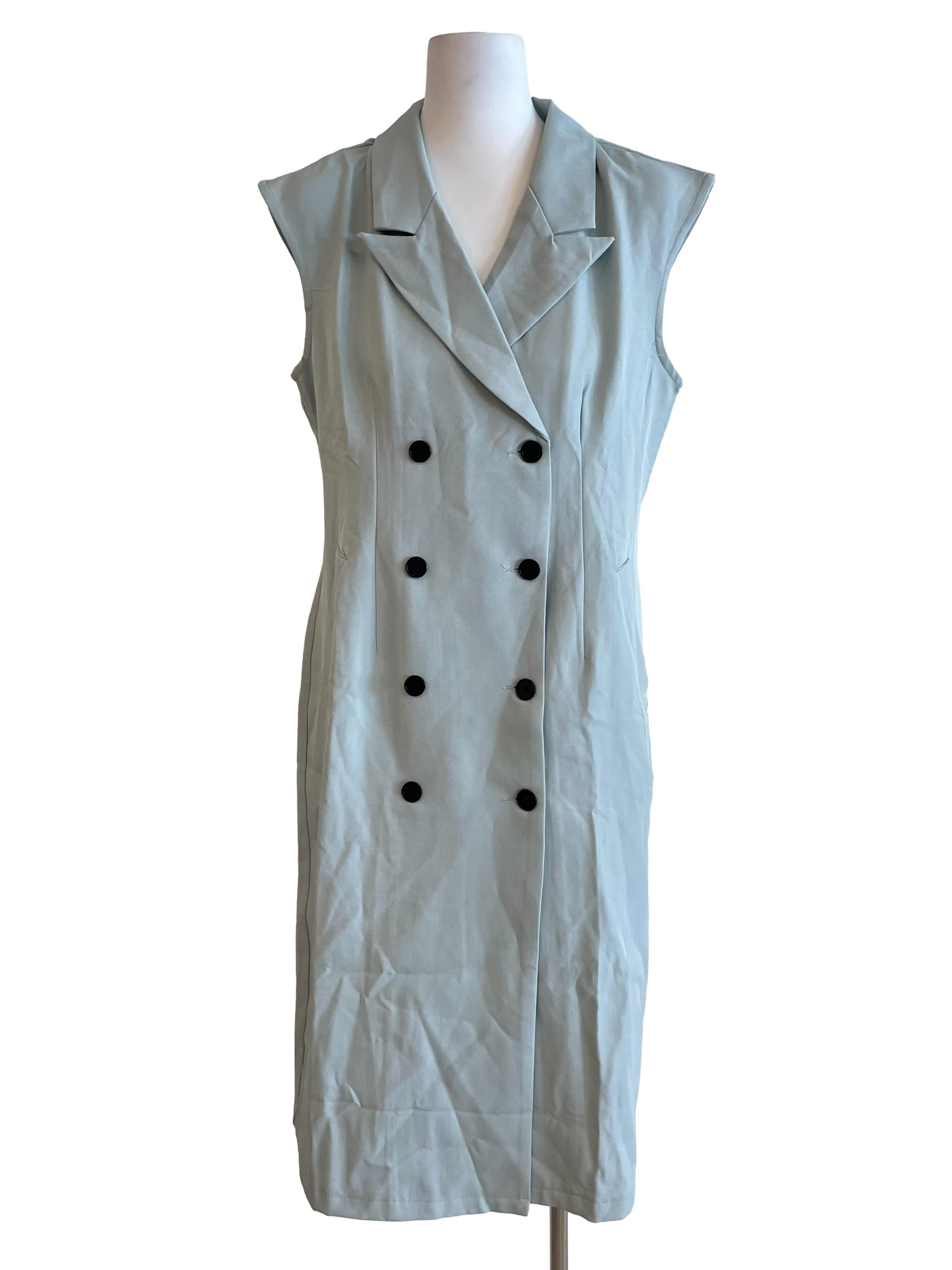 Light Teal Double Breasted Sleeveless Dress