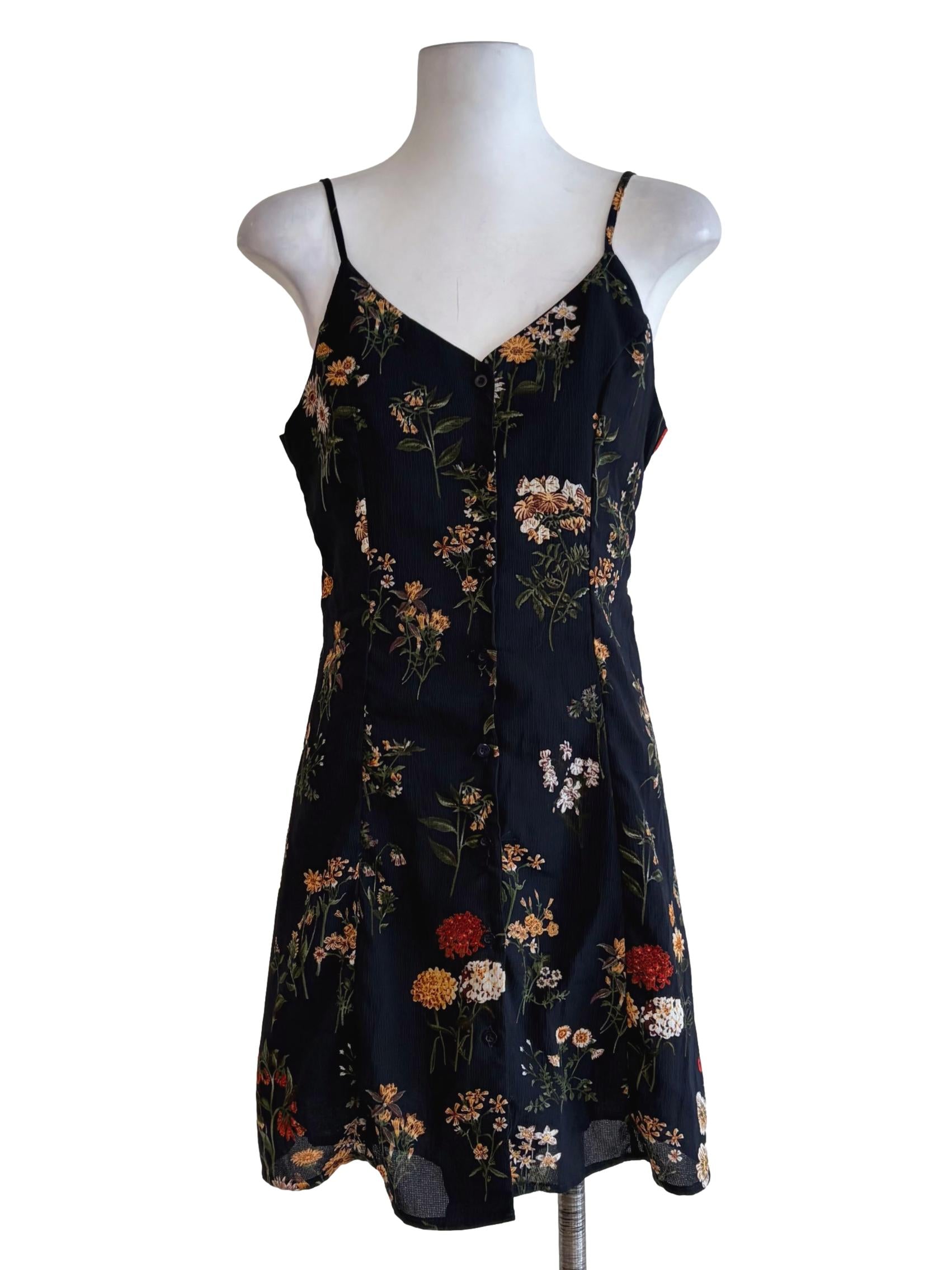 Midnight Blue Floral Printed Button Down Sun Dress