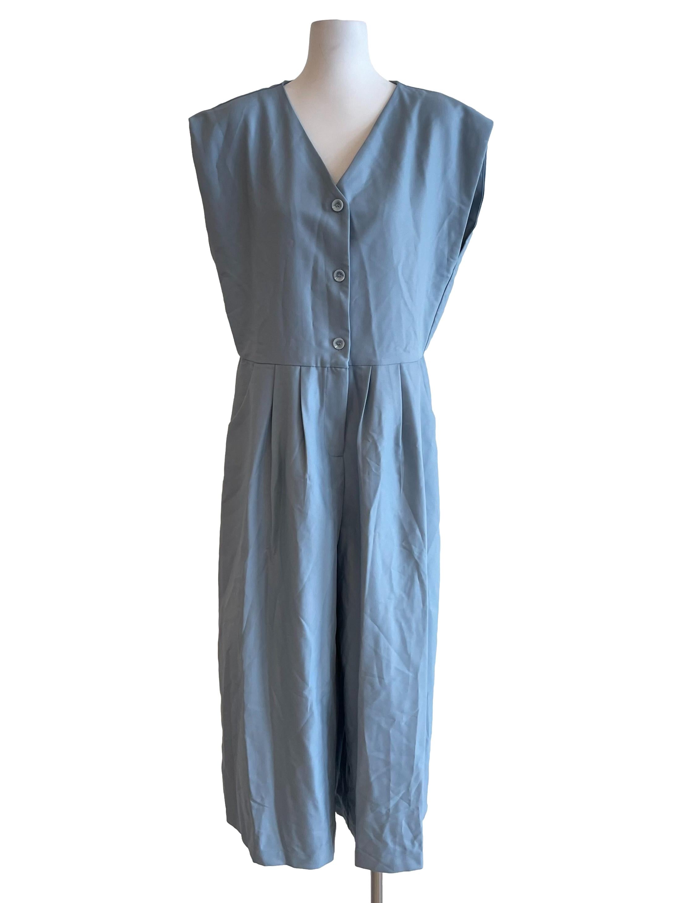Stone Blue Pleated V Neck Jumpsuit