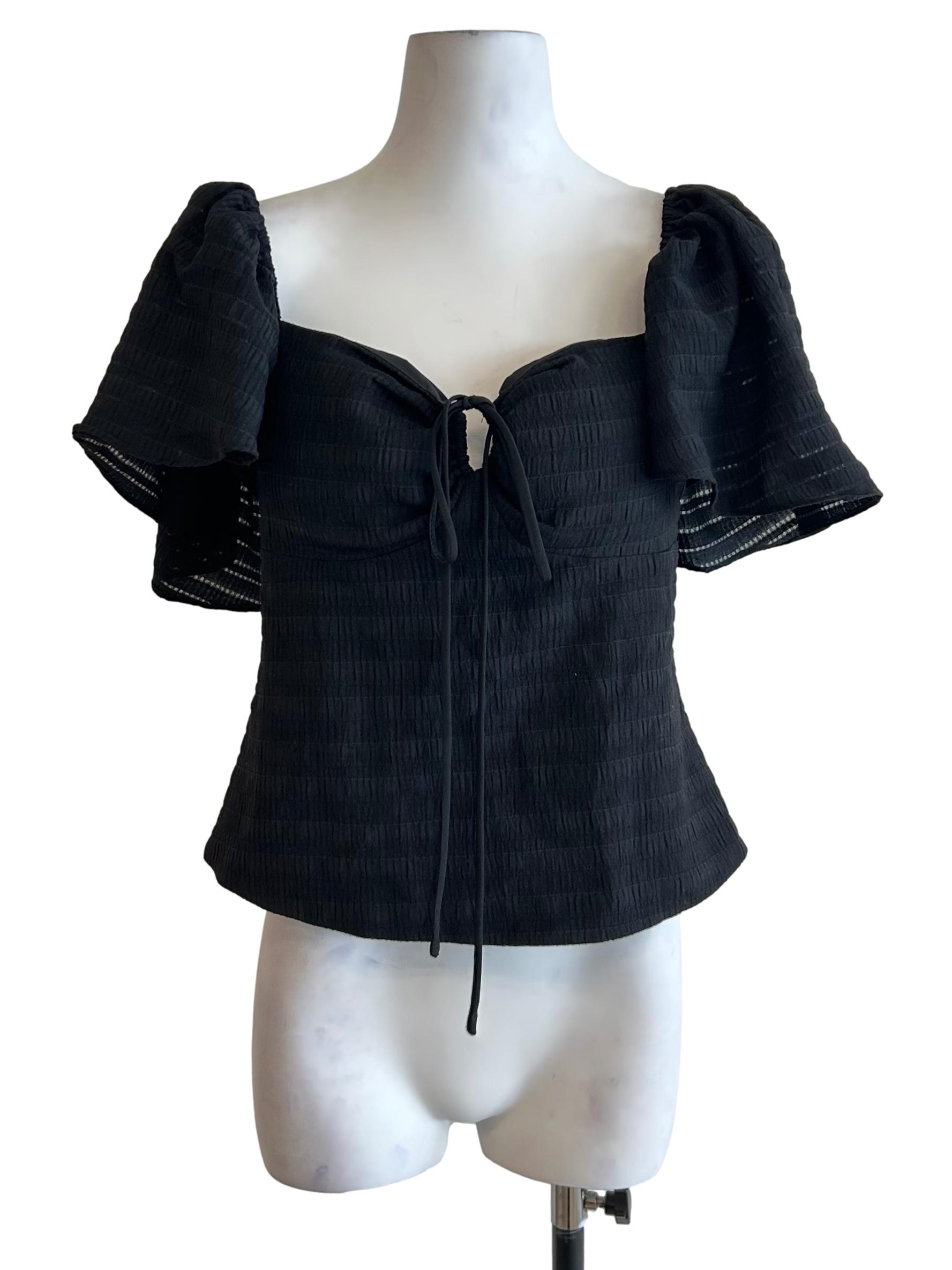 Black Tie-Front Puff Sleeve Blouse