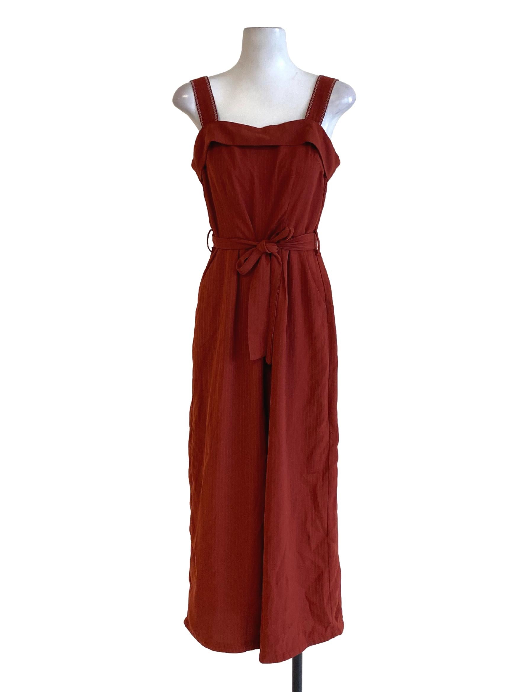 Penny Brown Stripes Square Neck Tie Waist Loose Jumpsuit