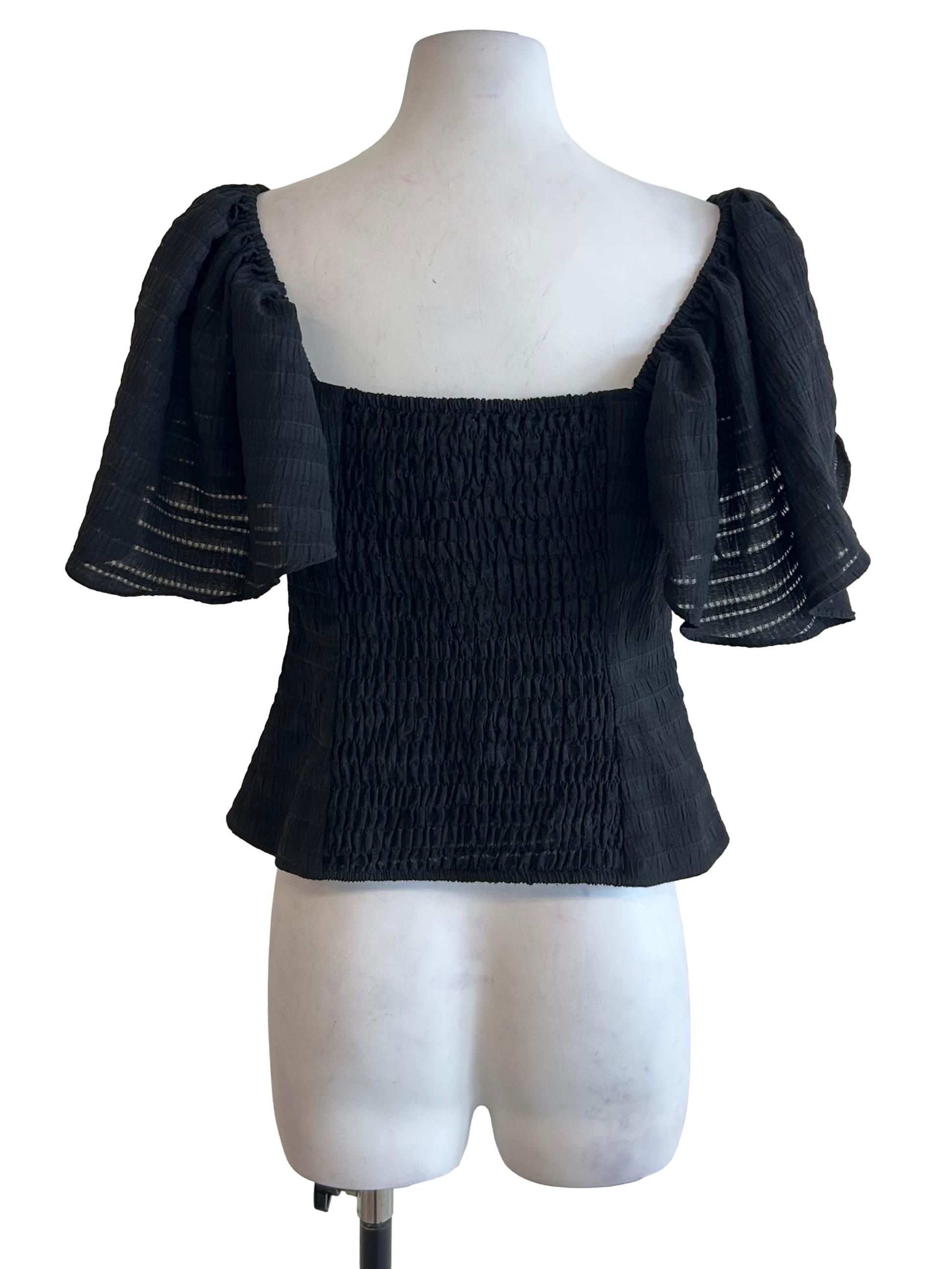 Black Tie-Front Puff Sleeve Blouse
