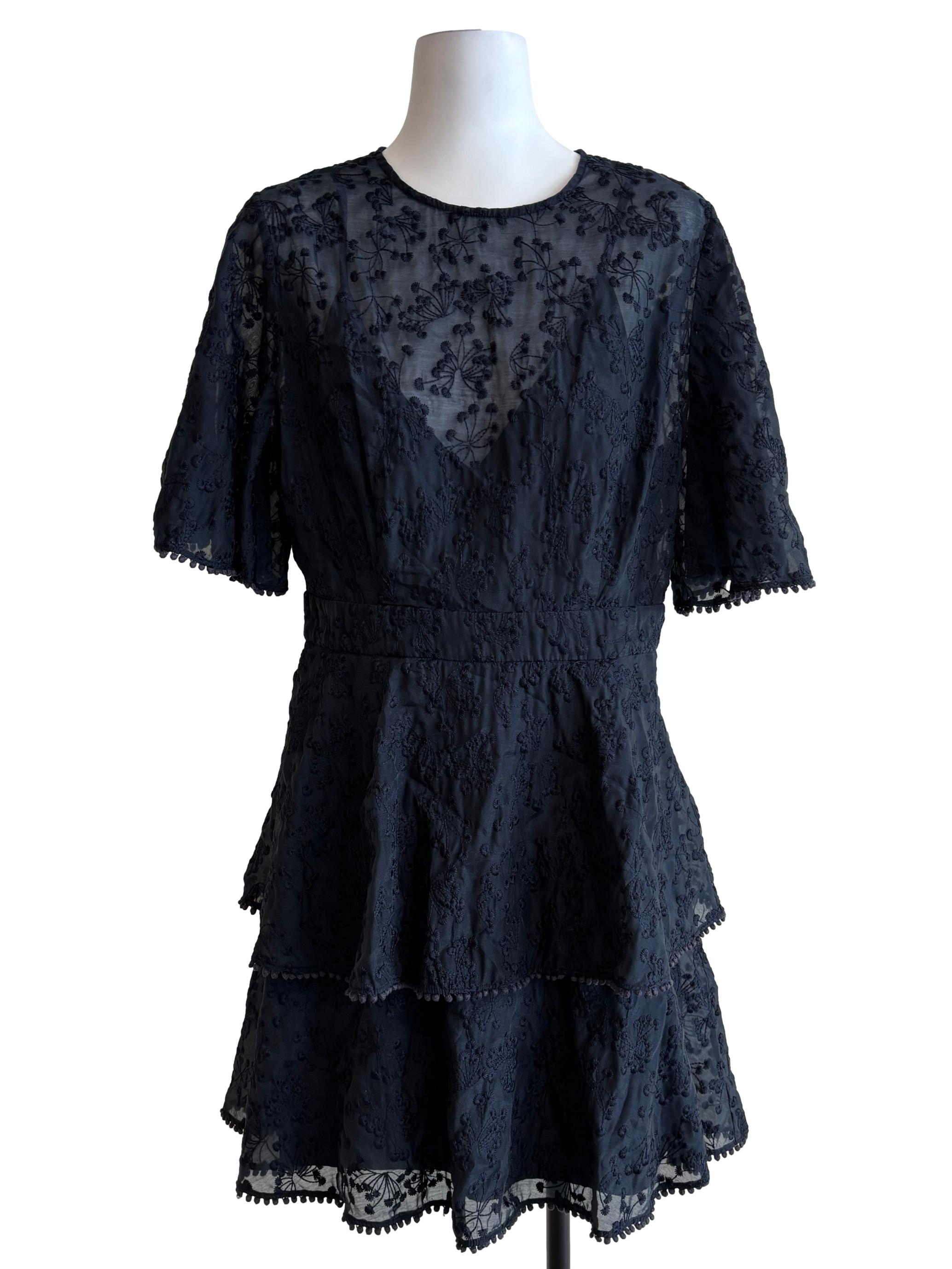 Parisian Black Embroidered Layered Dress