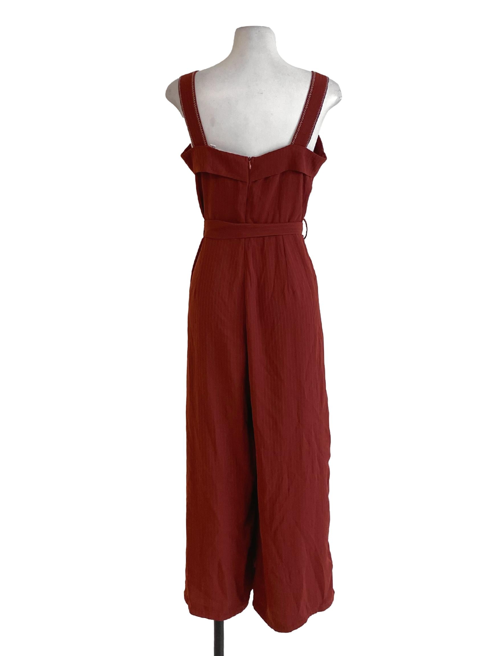 Penny Brown Stripes Square Neck Tie Waist Loose Jumpsuit