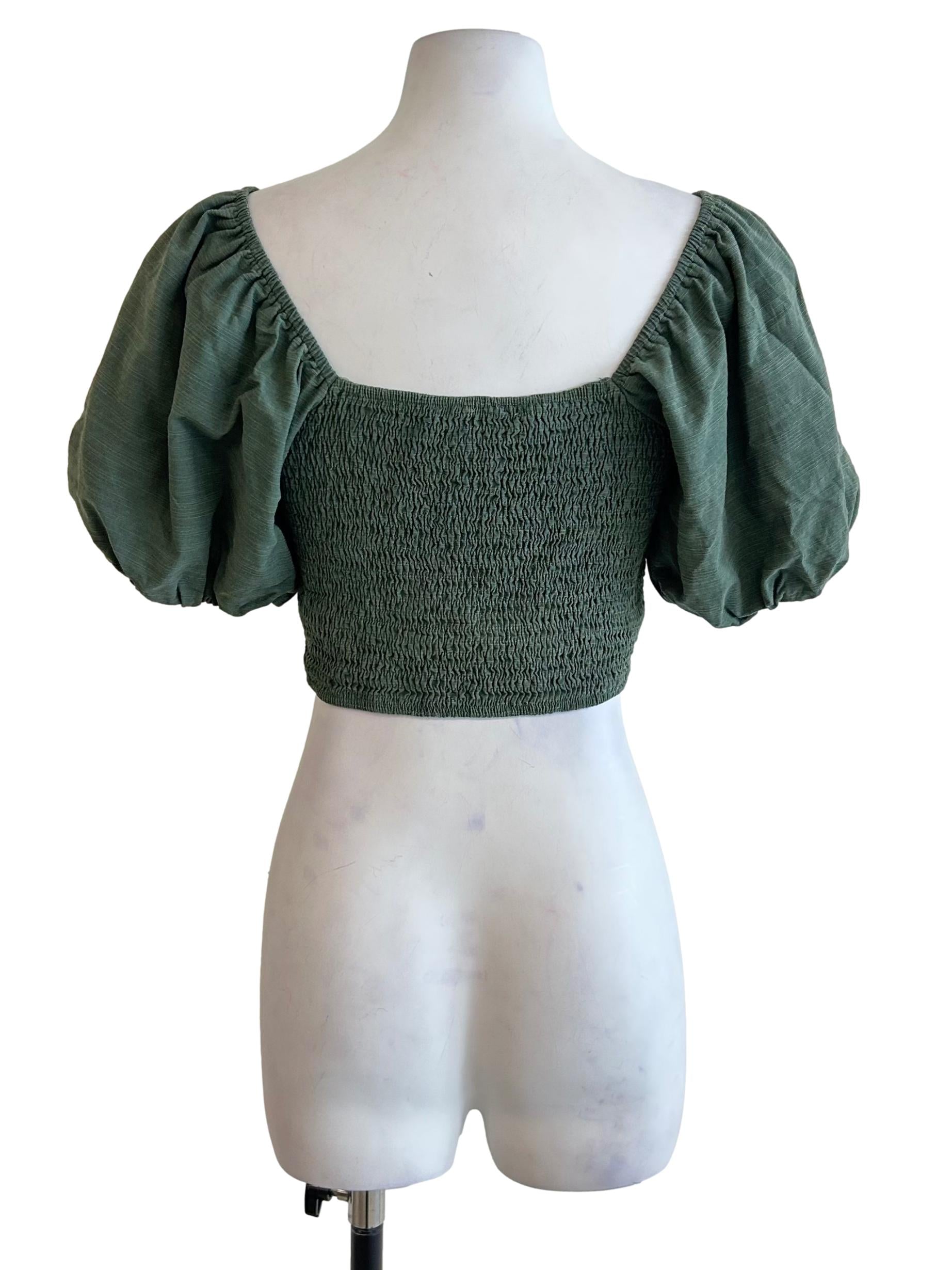 Olive Green Smocked Puff Sleeve Crop Top