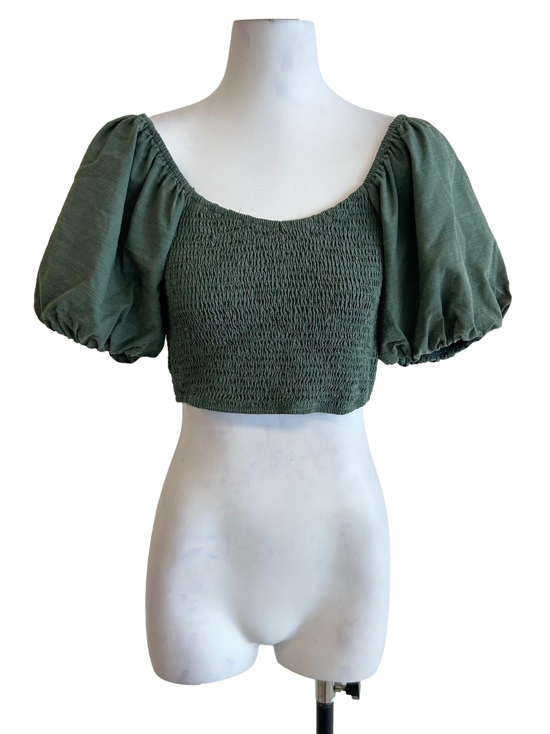 Olive Green Smocked Puff Sleeve Crop Top