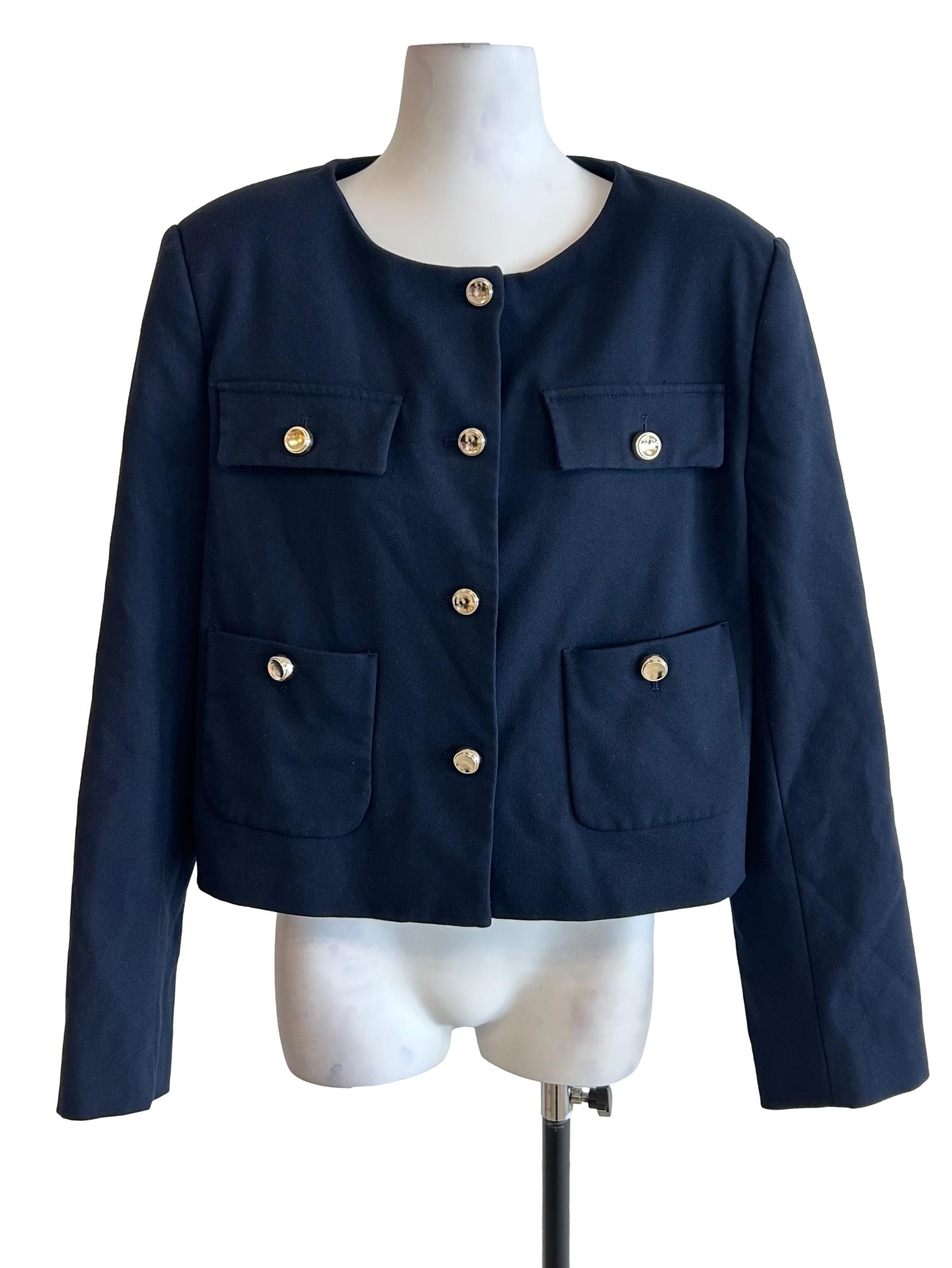 Navy Blue Gold Button Crop Jacket
