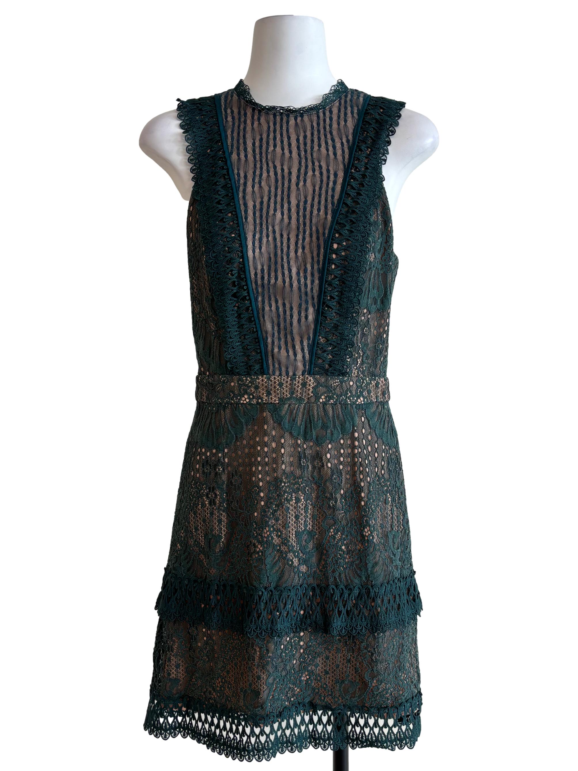 Emerald Green Beige Lined Lace Dress