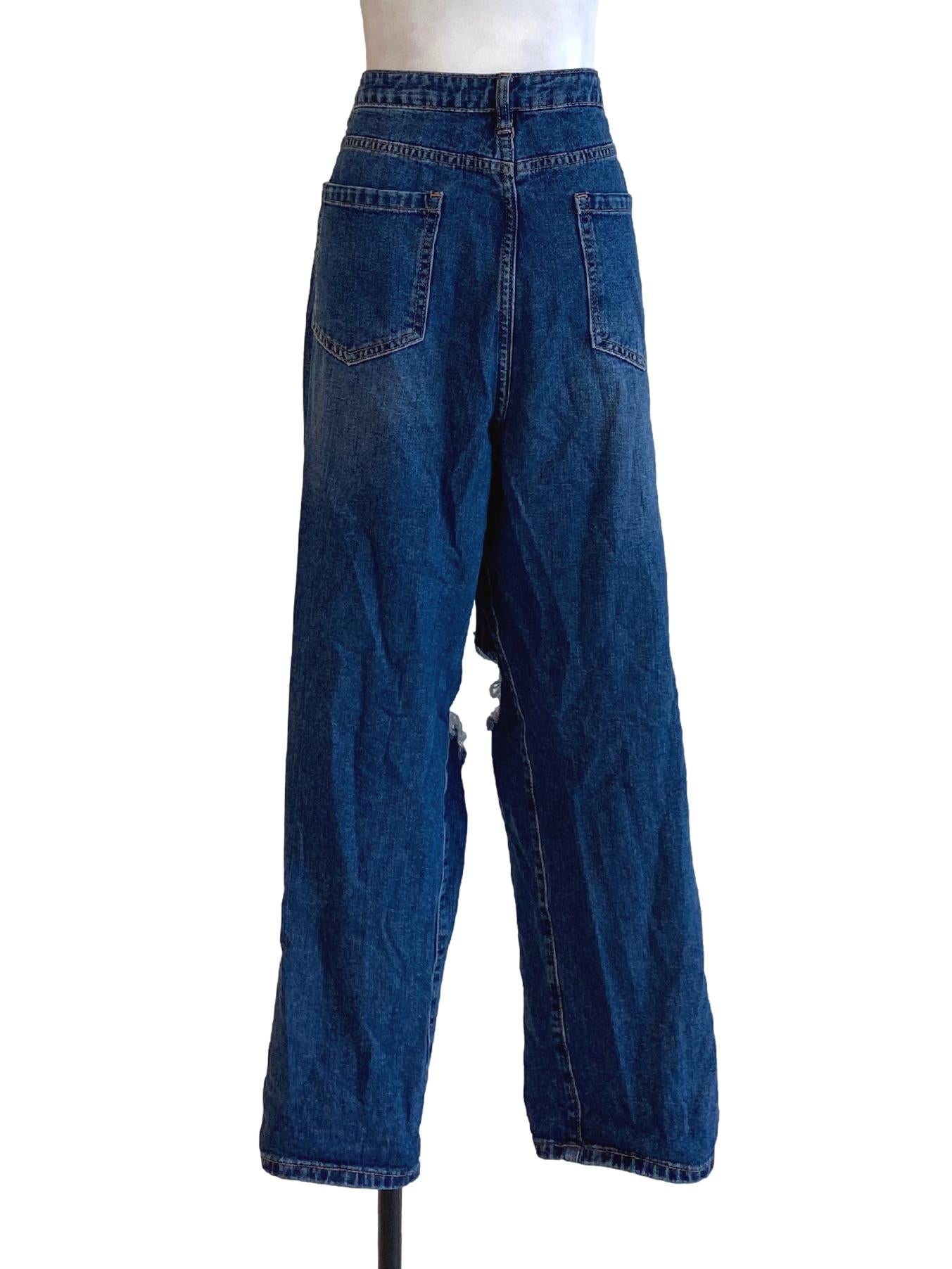 Denim Blue Buttoned Waist Regular Straight Ripped Jeans