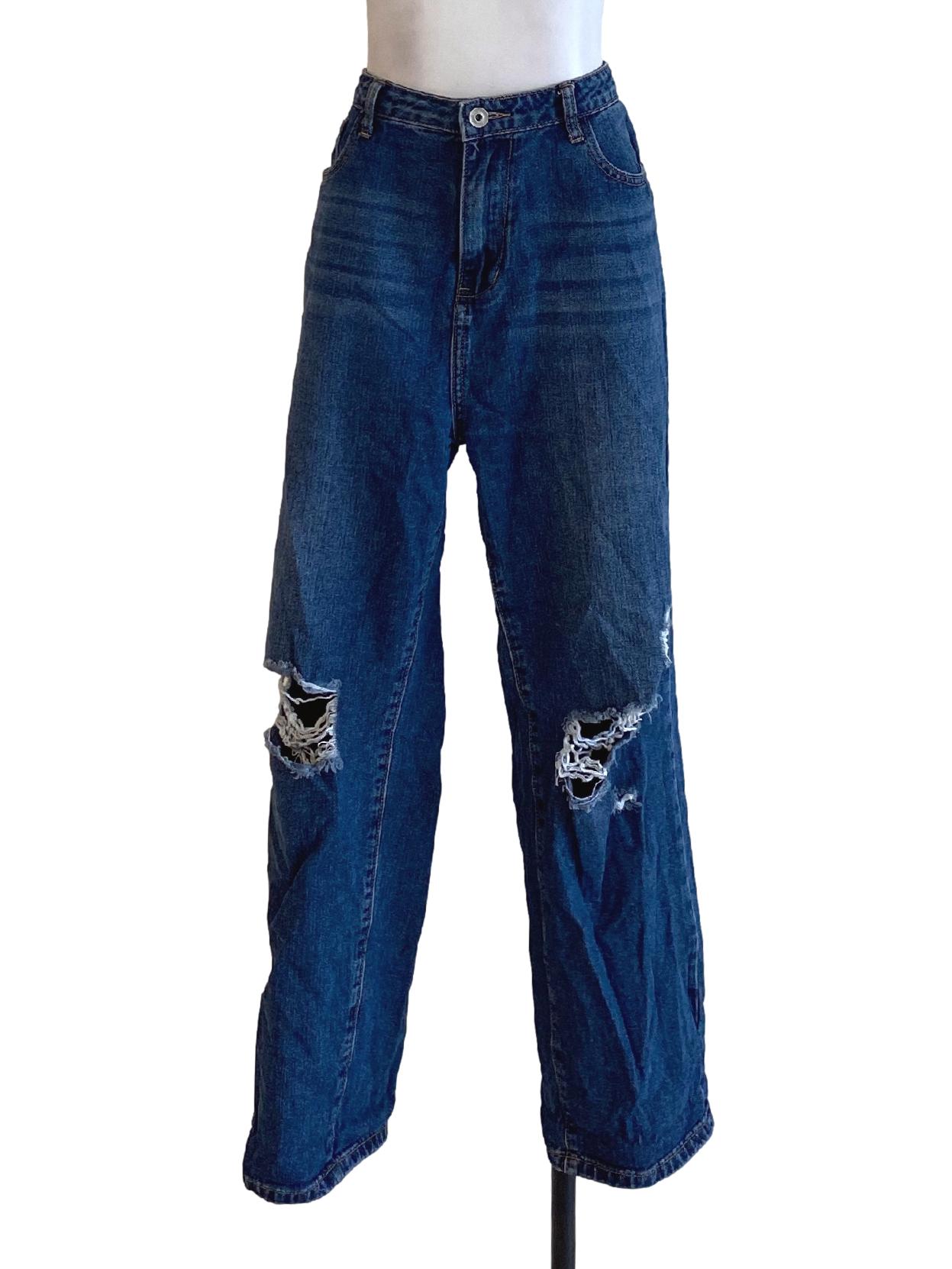 Denim Blue Buttoned Waist Regular Straight Ripped Jeans