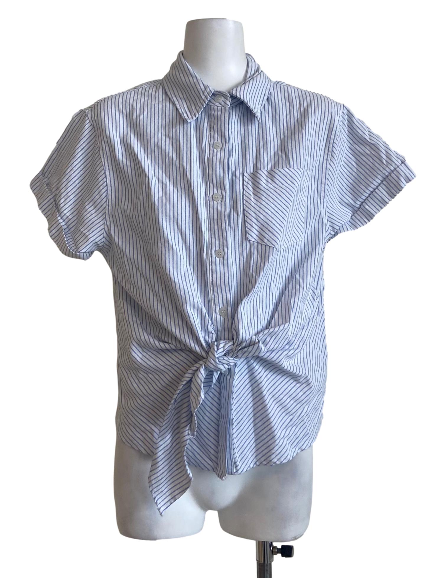 Blue & White Stripe Front Knot Blouse
