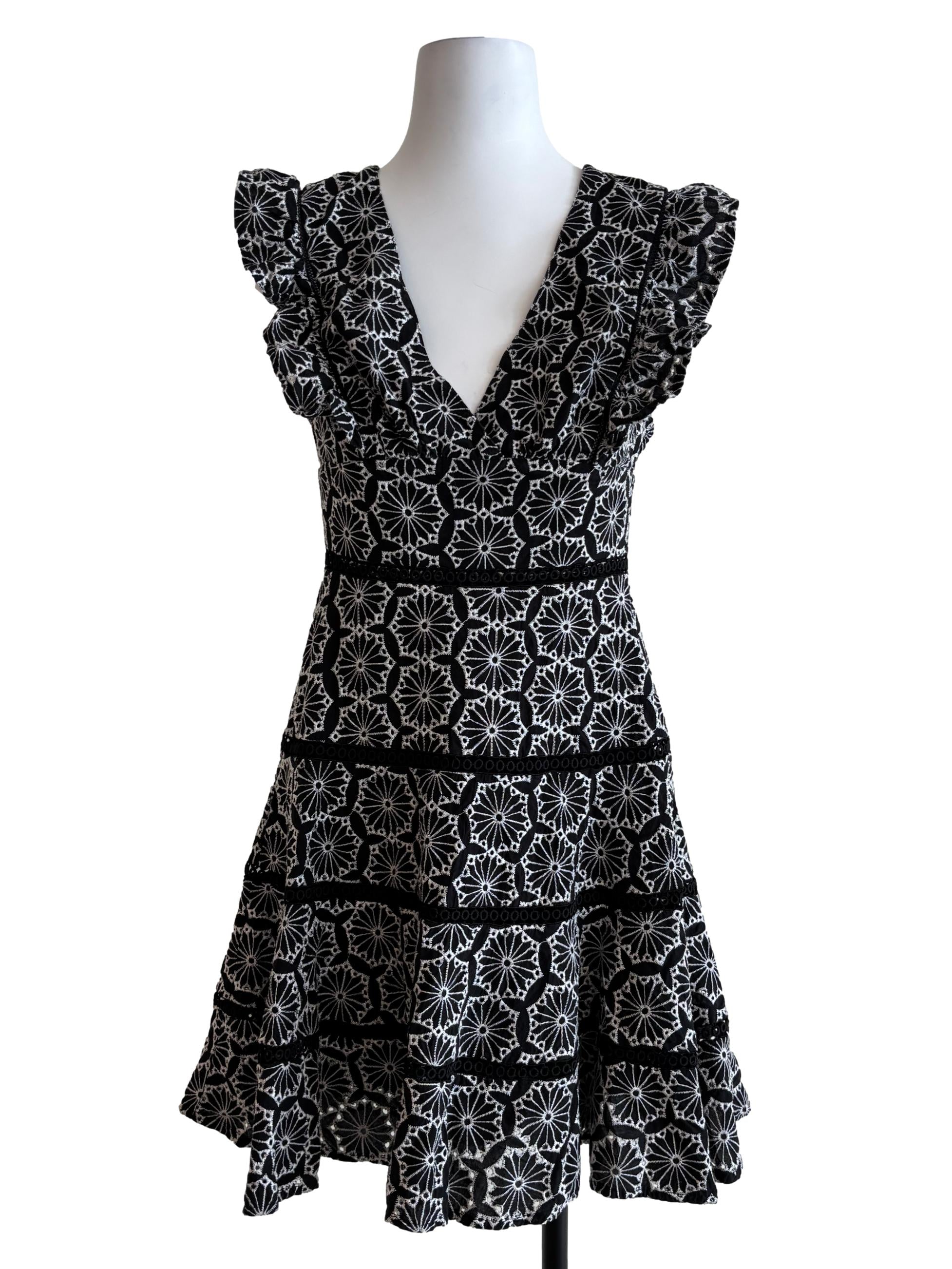 Black And White Ruffle Embroidered Dress