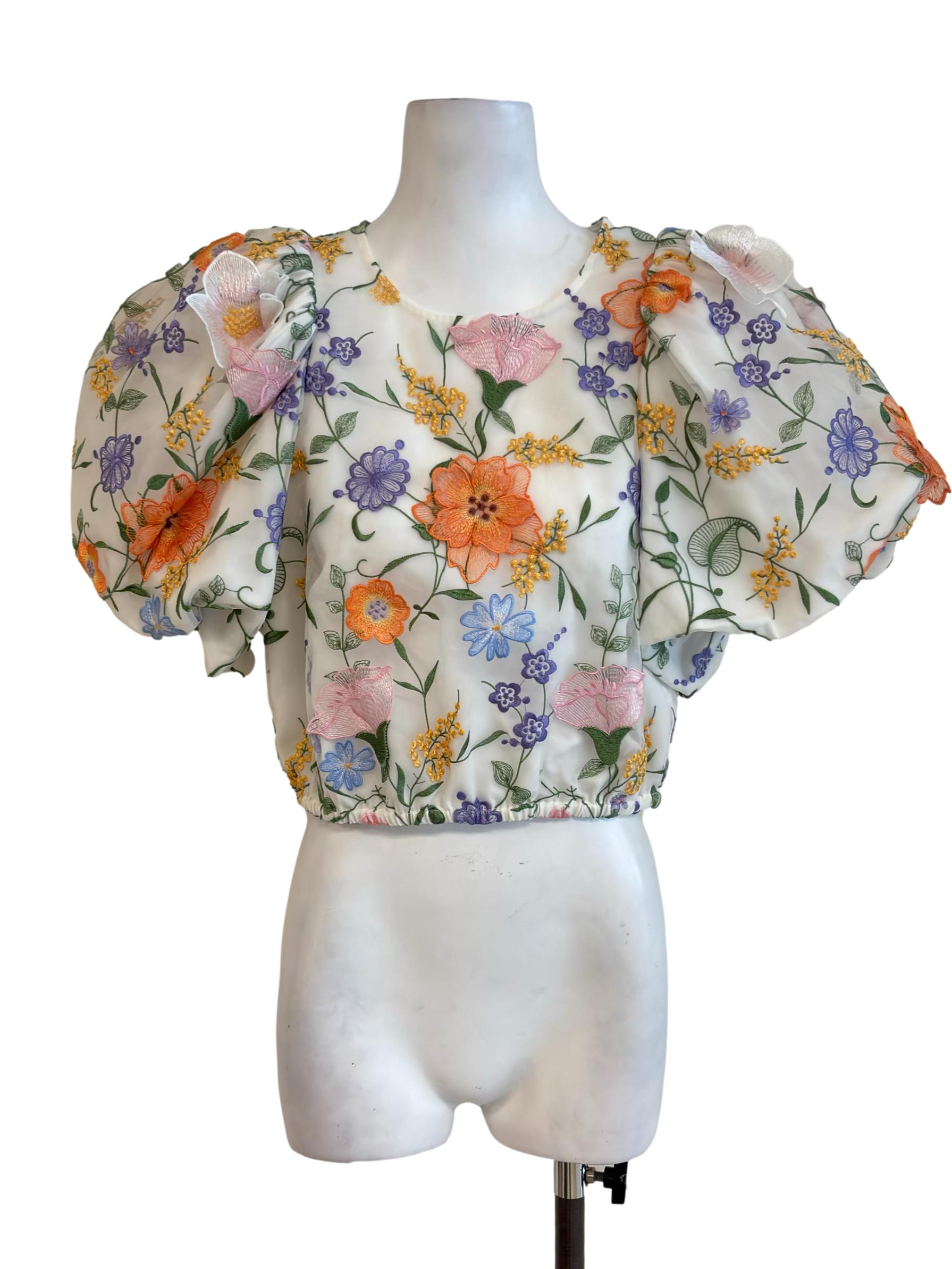 White Colorful Flower Embroidery Puff Sleeve Top