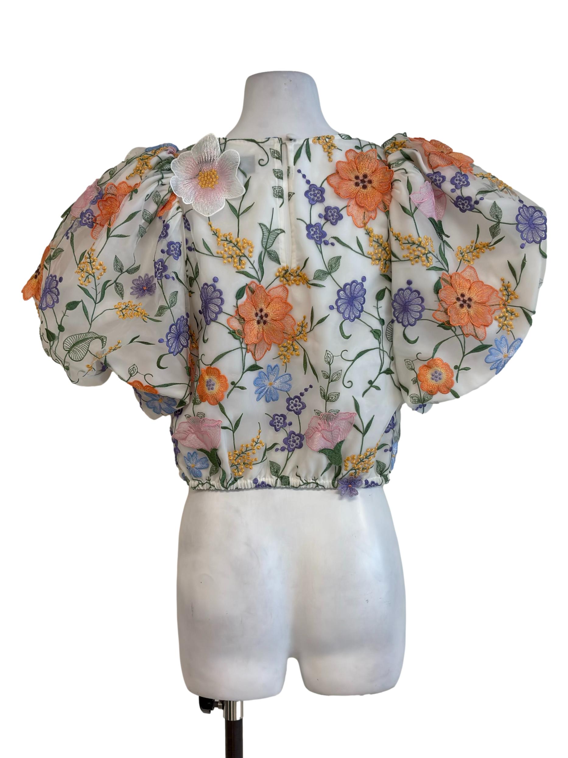 White Colorful Flower Embroidery Puff Sleeve Top