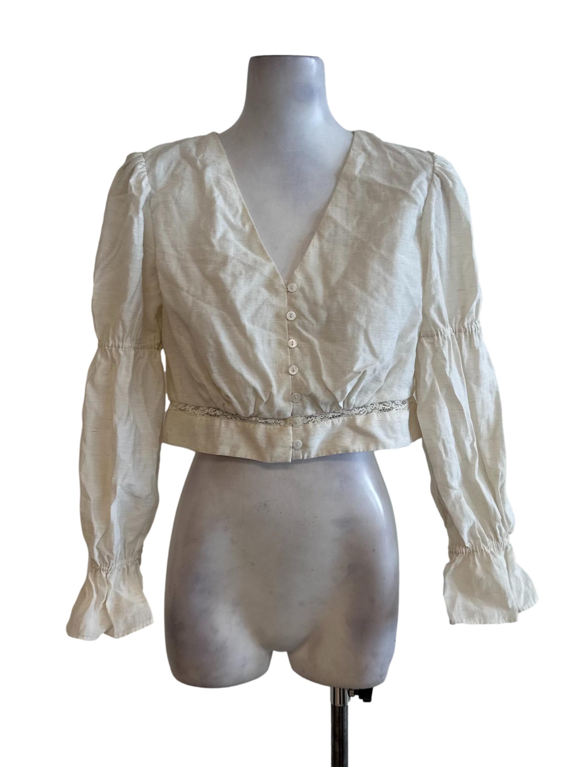 Oat Beige V Neck Long Sleeve Crop Top