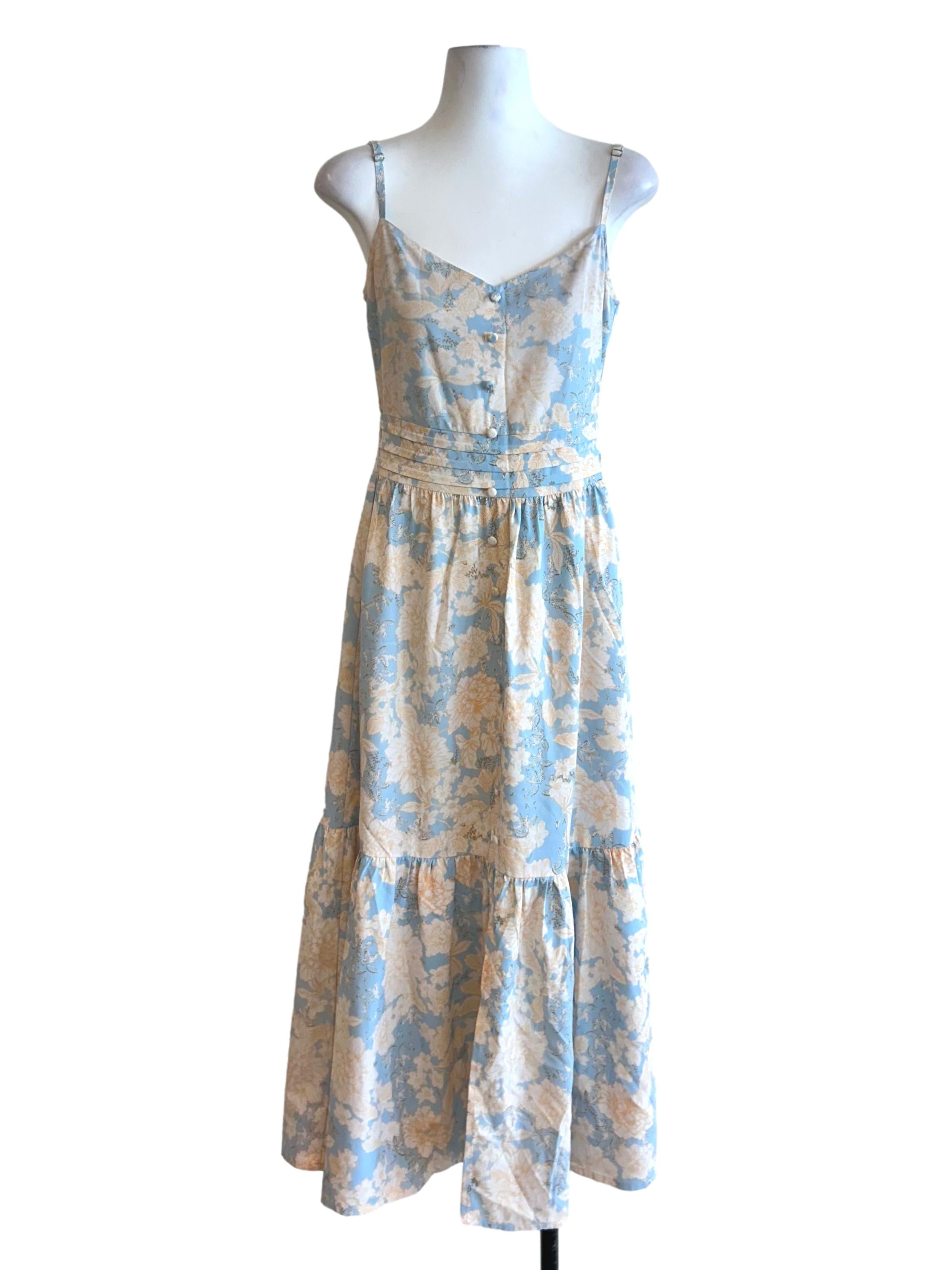 Blue Floral Print Smocked Dress