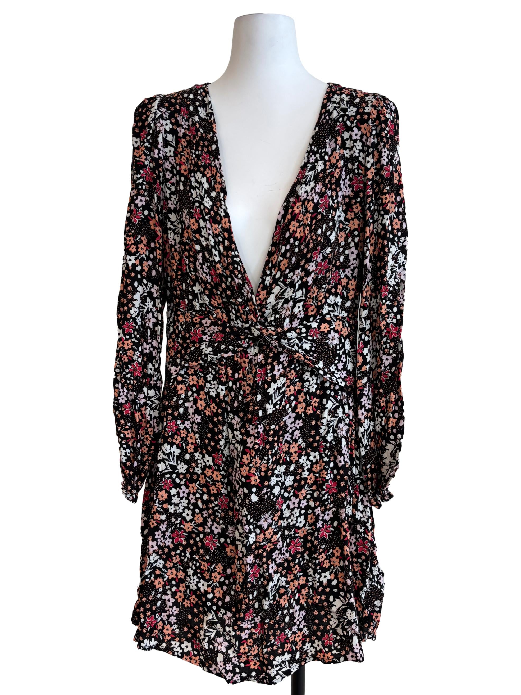 Ink Black Floral Plunged Neck Dress