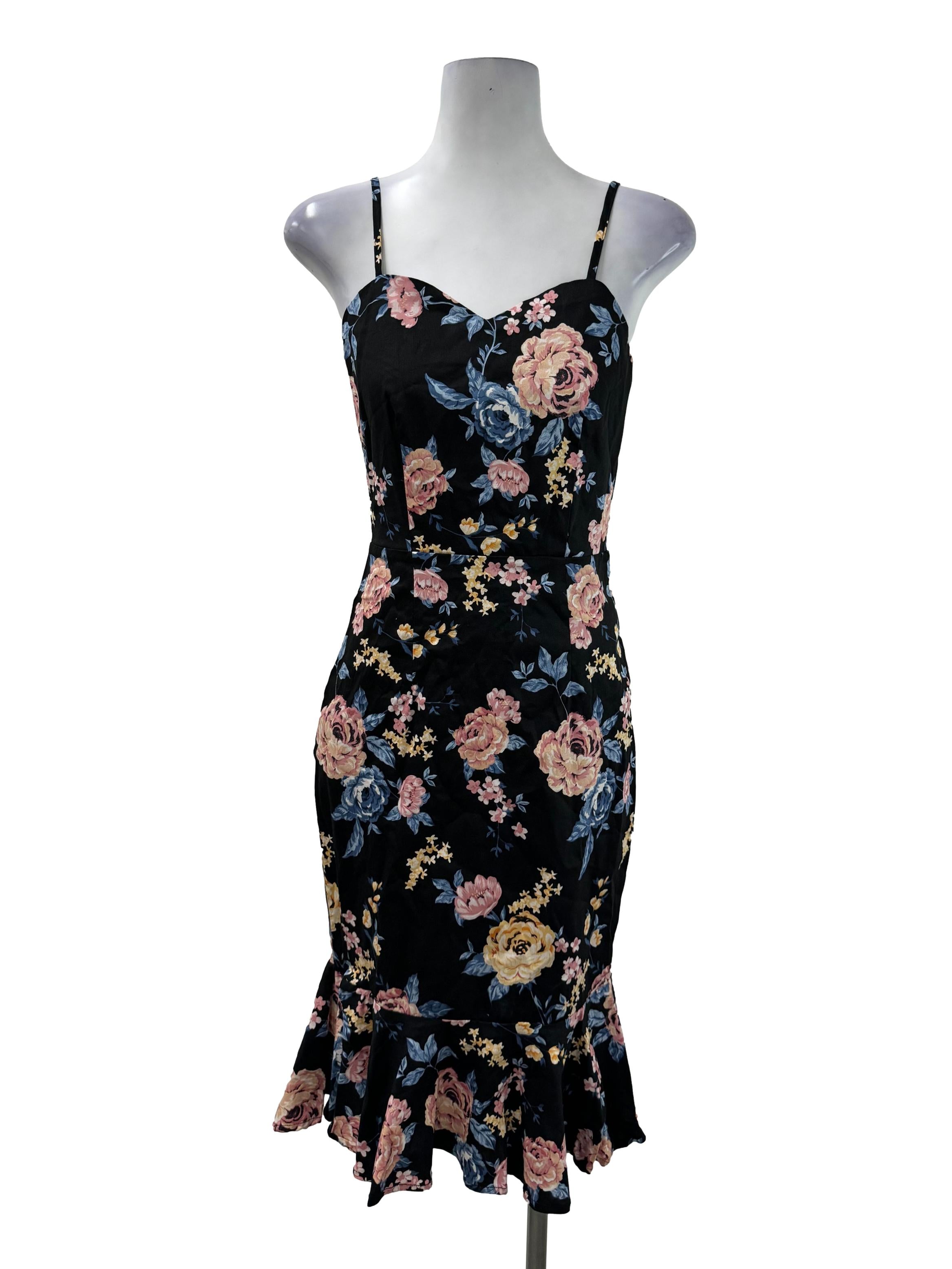 Black Floral Ruffle Edge Dress