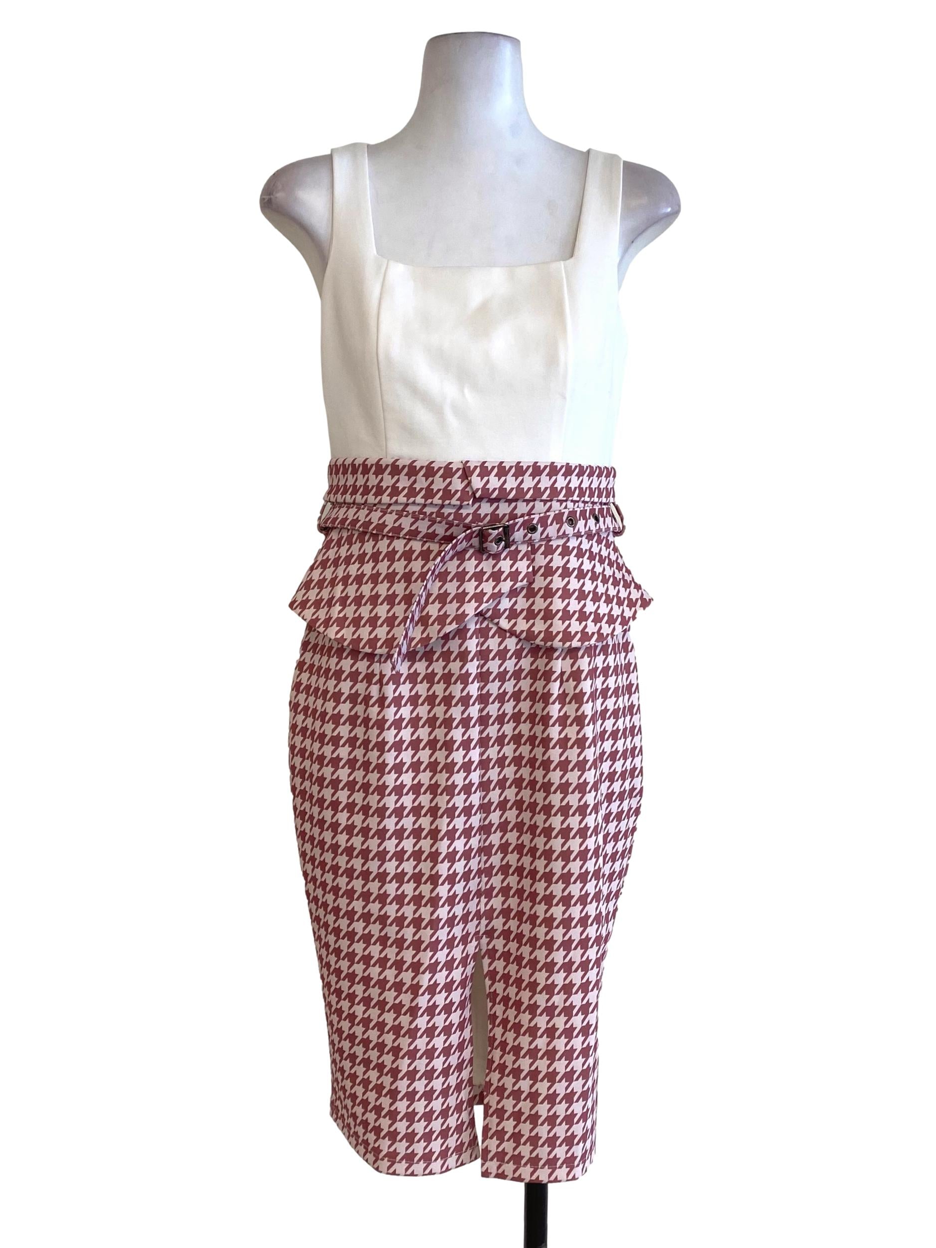 Chello White Half Pink Houndstooth Dress | REFASH