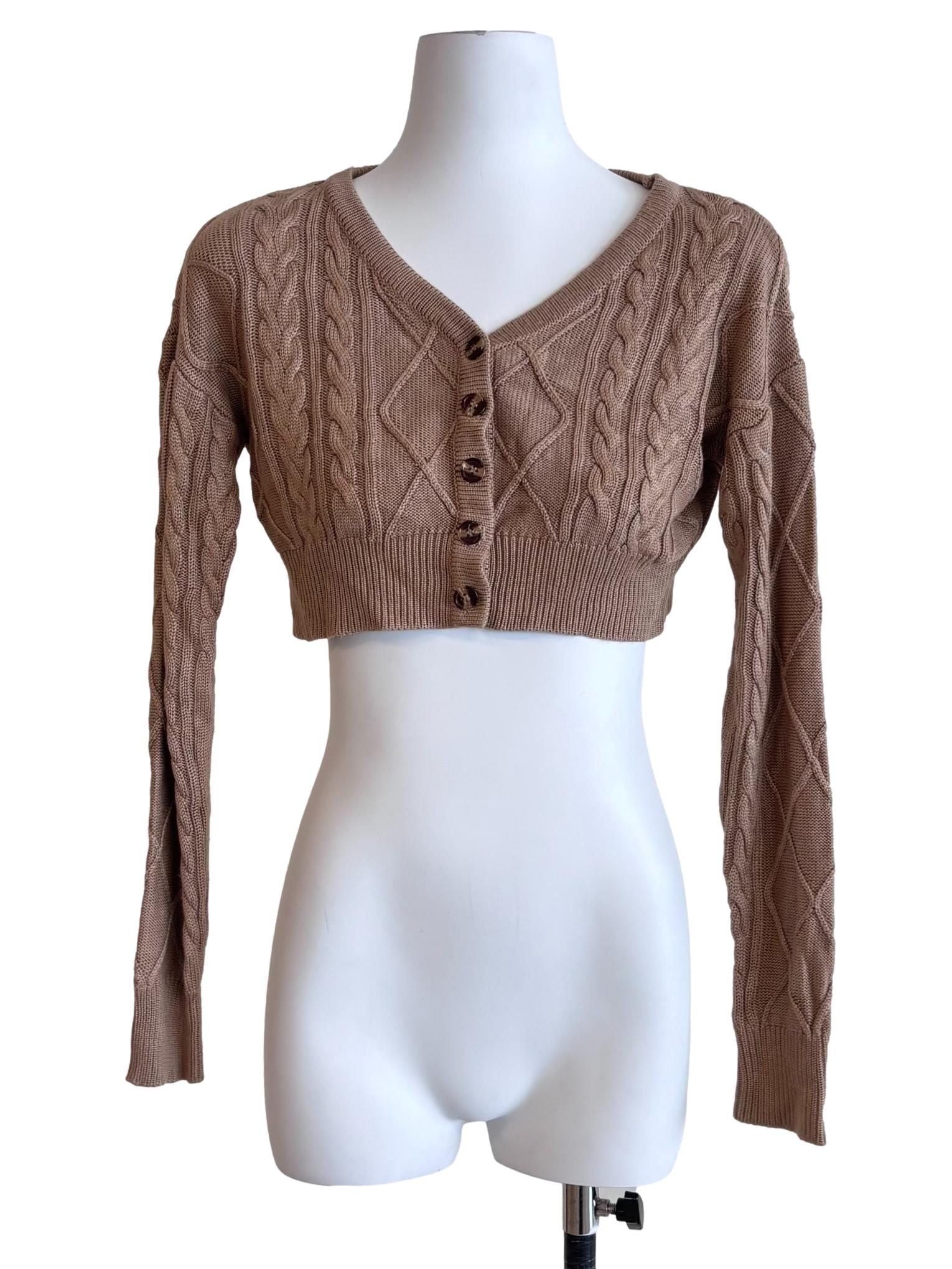 Tawny Brown Cable Knit Cropped Cardigan